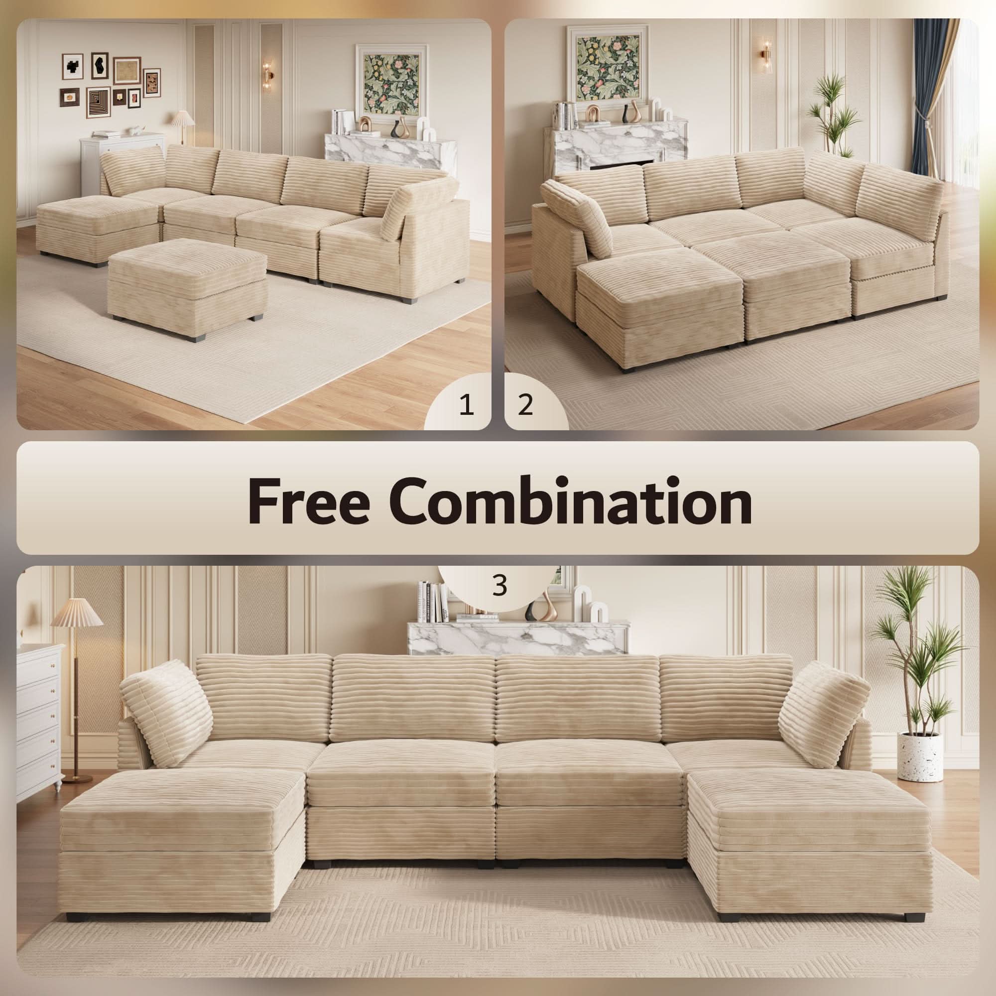 OVIOS 130.7" Modular Sectional Sofa Couch, U-Shaped Minimalist Couches with 2 Ottomans Chaise