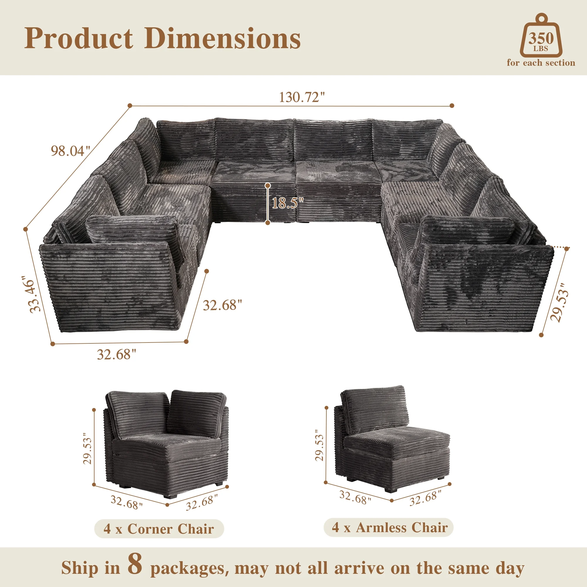 OVIOS Modular Sectional Sofa Couch with Oversized Chaise