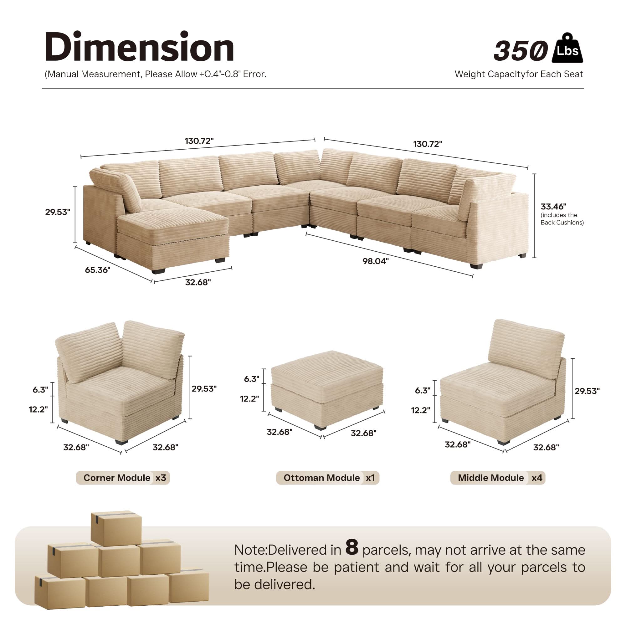 Ovios 163.4" Modular Sectional Sofa Couch, L-Shaped Minimalist Couches with Ottoman Chaise