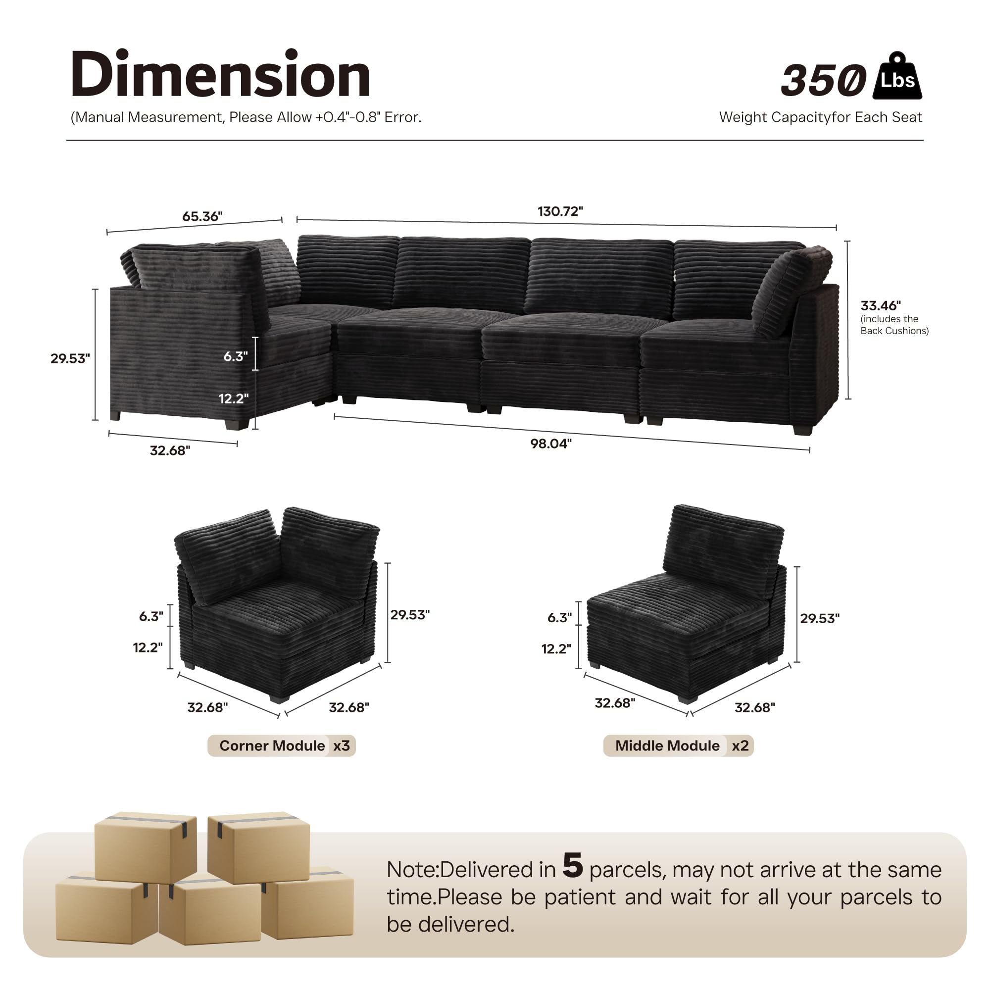 Ovios 130.7" Modular Sectional Sofa Couch, L-Shaped Minimalist Couches with Convertible Chaise