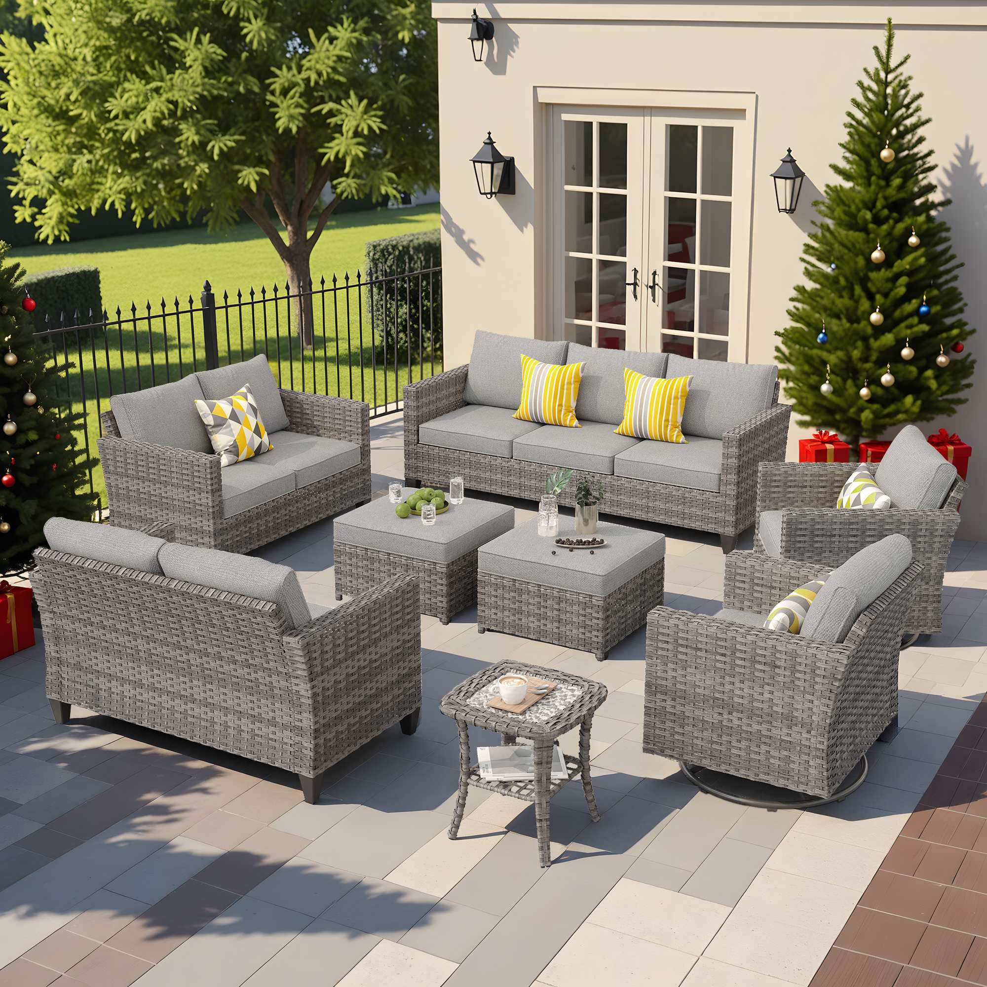 OVIOS Outdoor Patio Furniture Set with Wicker Sofa Loveseat Ottomans and Rocking Chairs