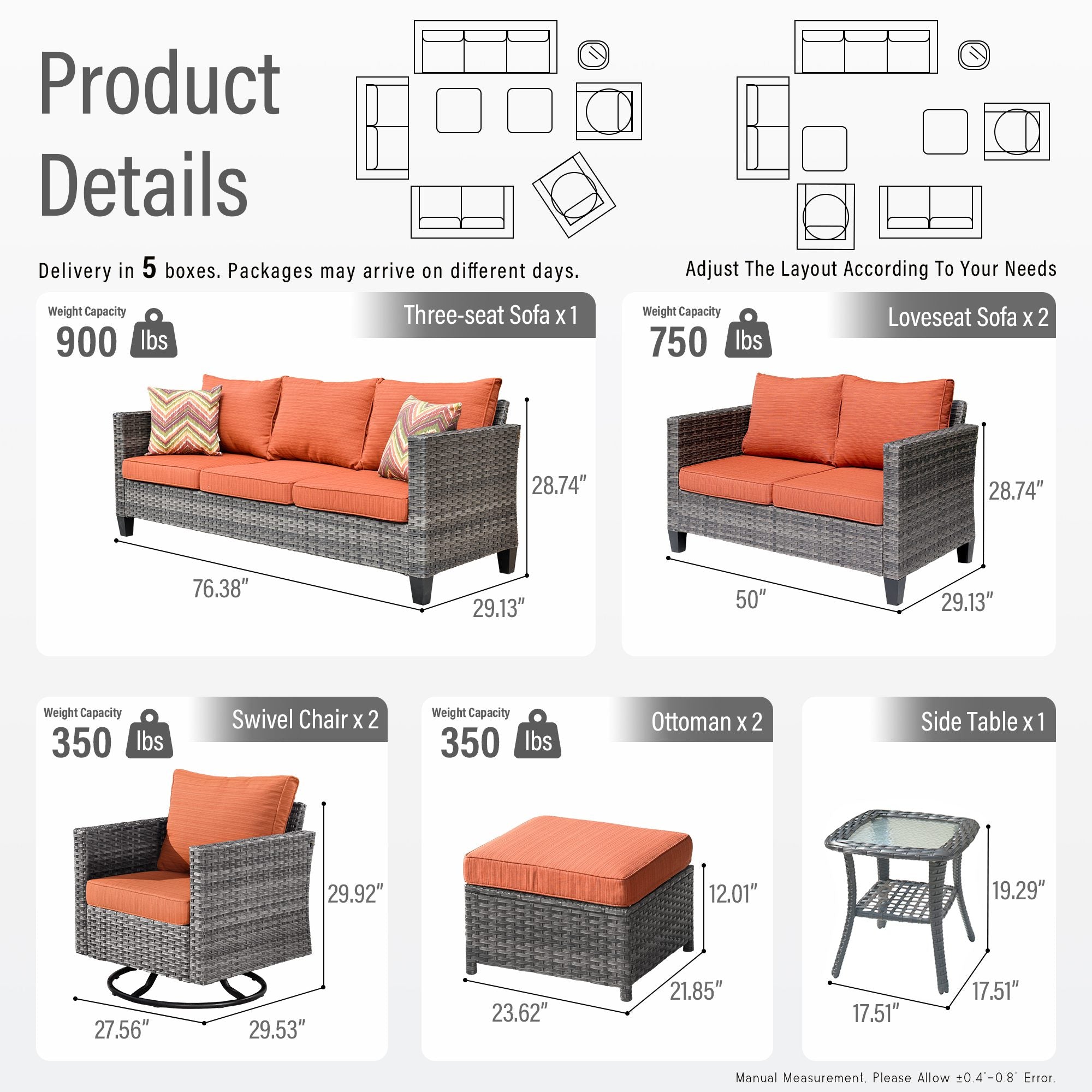 OVIOS Outdoor Patio Furniture Set with Wicker Sofa Loveseat Ottomans and Rocking Chairs