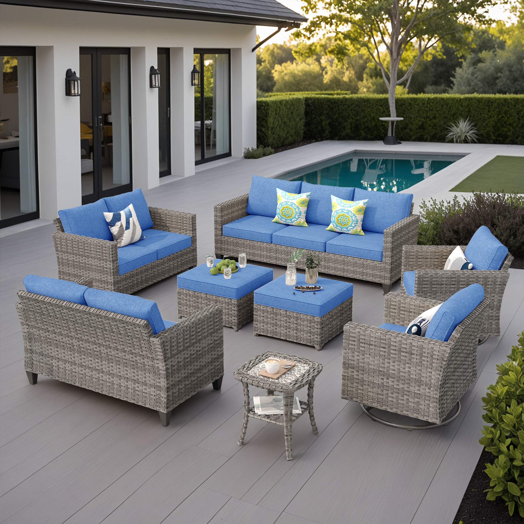 OVIOS Outdoor Patio Furniture Set with Wicker Sofa Loveseat Ottomans and Rocking Chairs