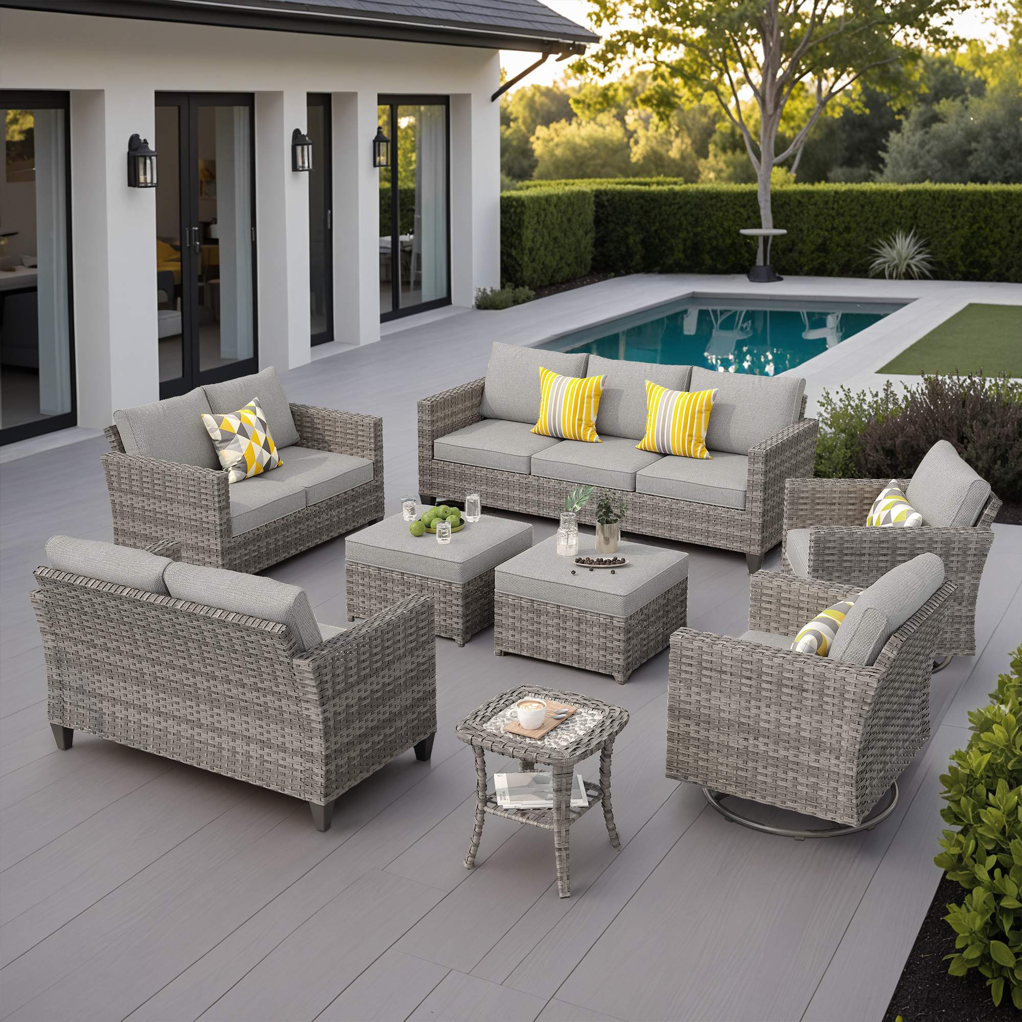 OVIOS Outdoor Patio Furniture Set with Wicker Sofa Loveseat Ottomans and Rocking Chairs