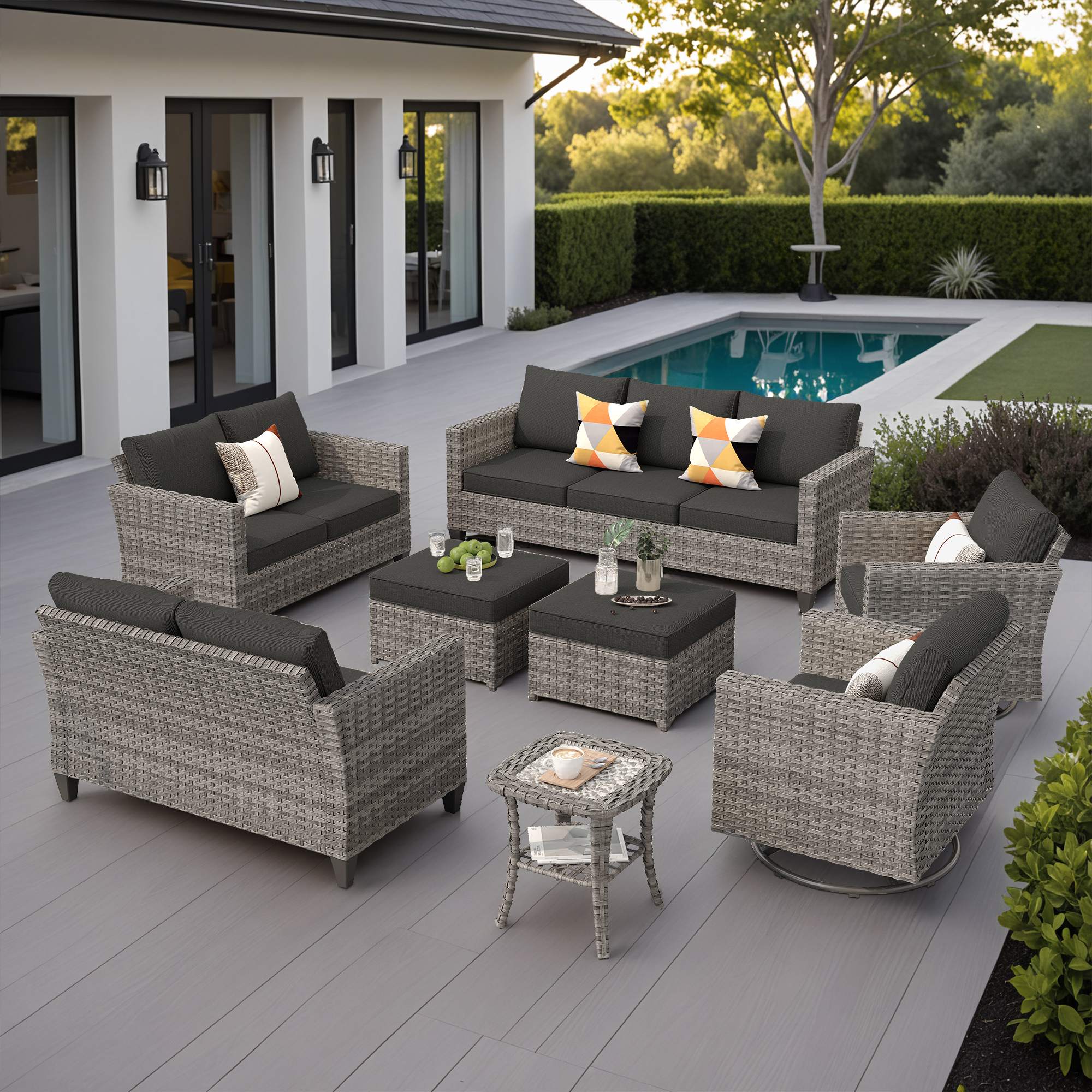 OVIOS Outdoor Patio Furniture Set with Wicker Sofa Loveseat Ottomans and Rocking Chairs