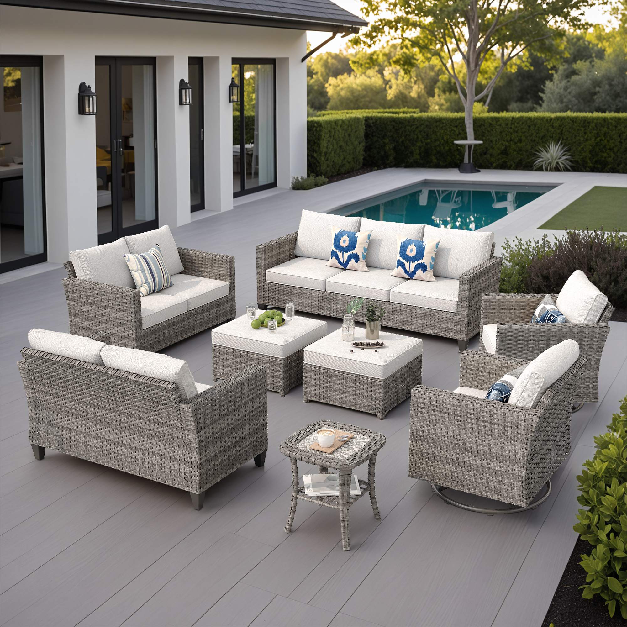 OVIOS Outdoor Patio Furniture Set with Wicker Sofa Loveseat Ottomans and Rocking Chairs