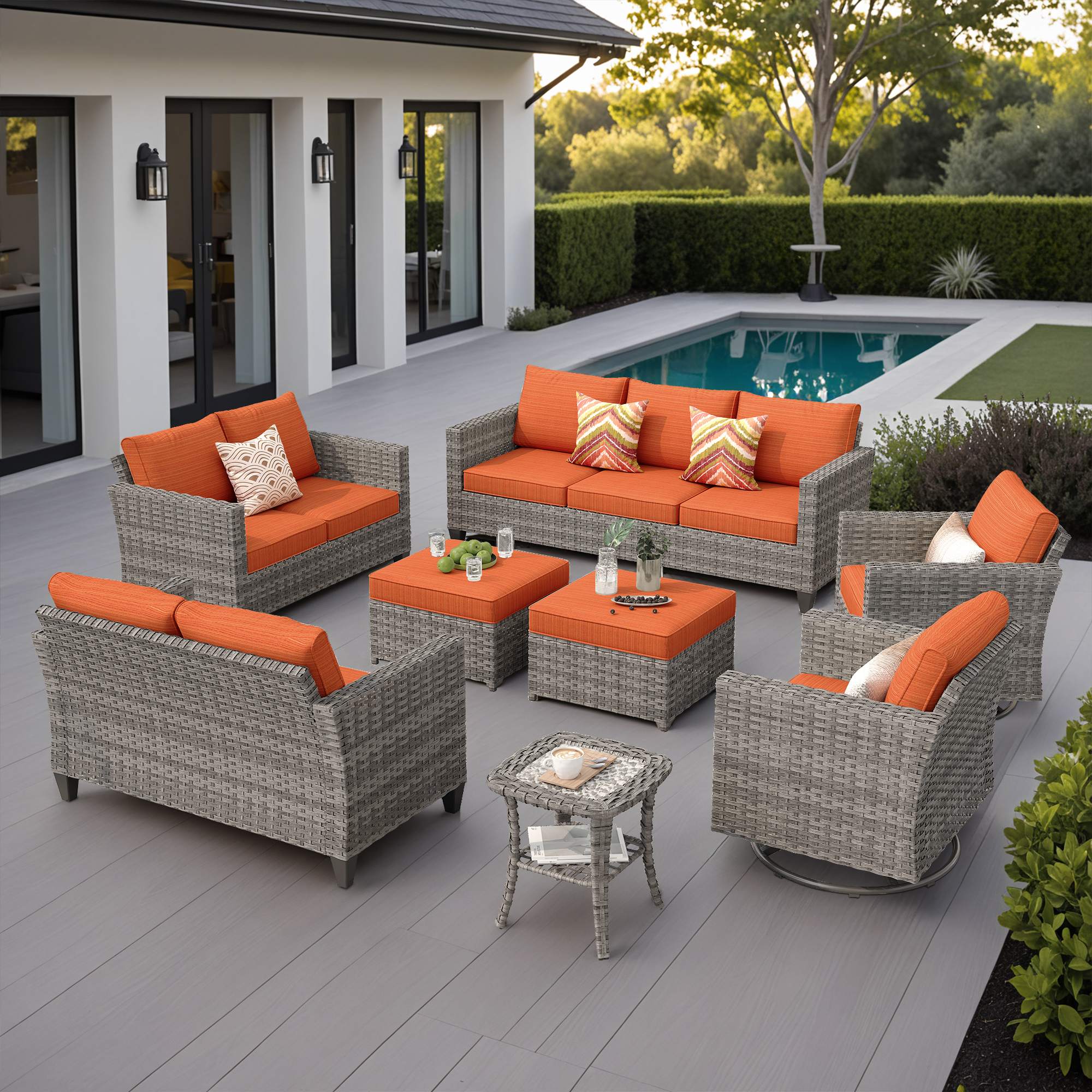 OVIOS Outdoor Patio Furniture Set with Wicker Sofa Loveseat Ottomans and Rocking Chairs