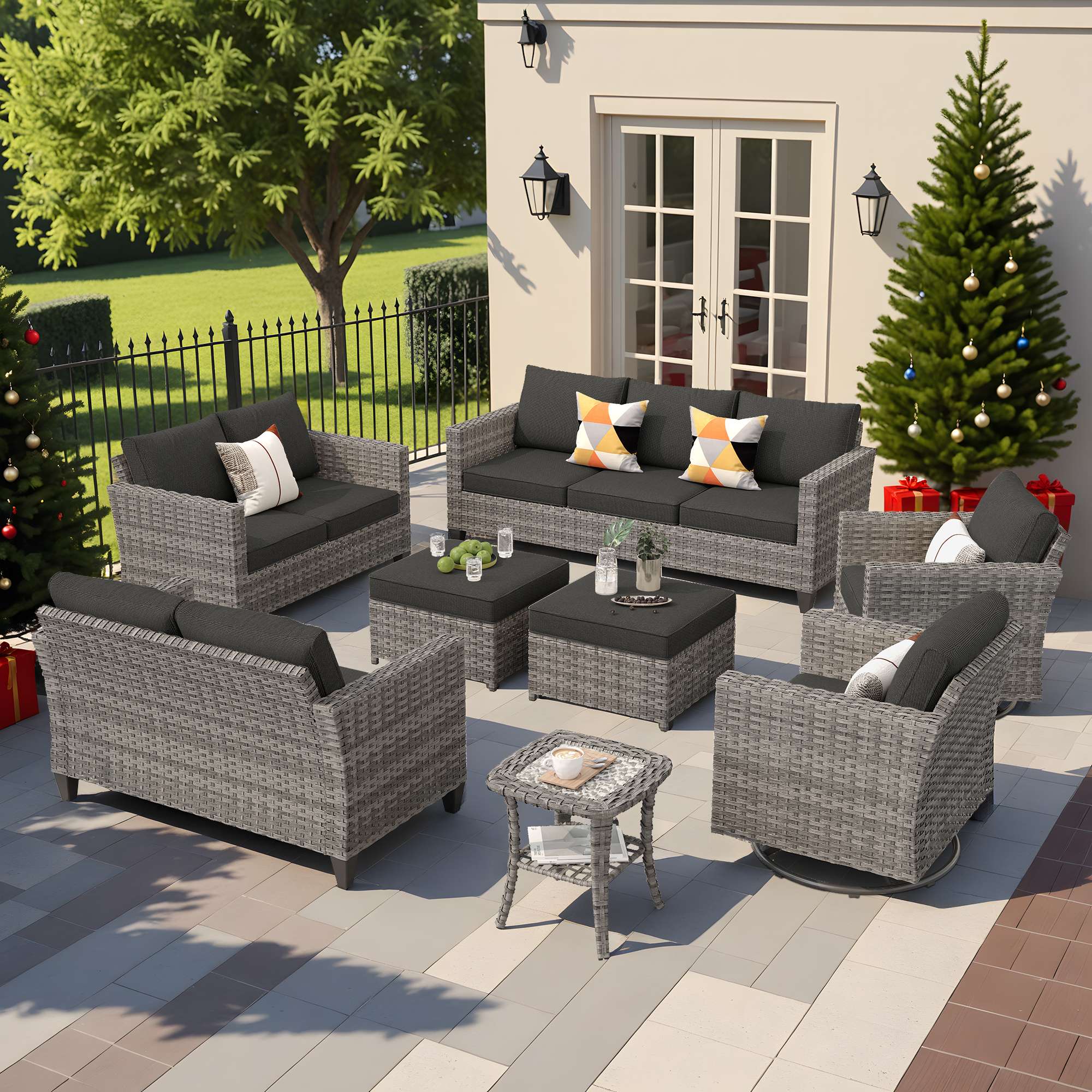 OVIOS Outdoor Patio Furniture Set with Wicker Sofa Loveseat Ottomans and Rocking Chairs
