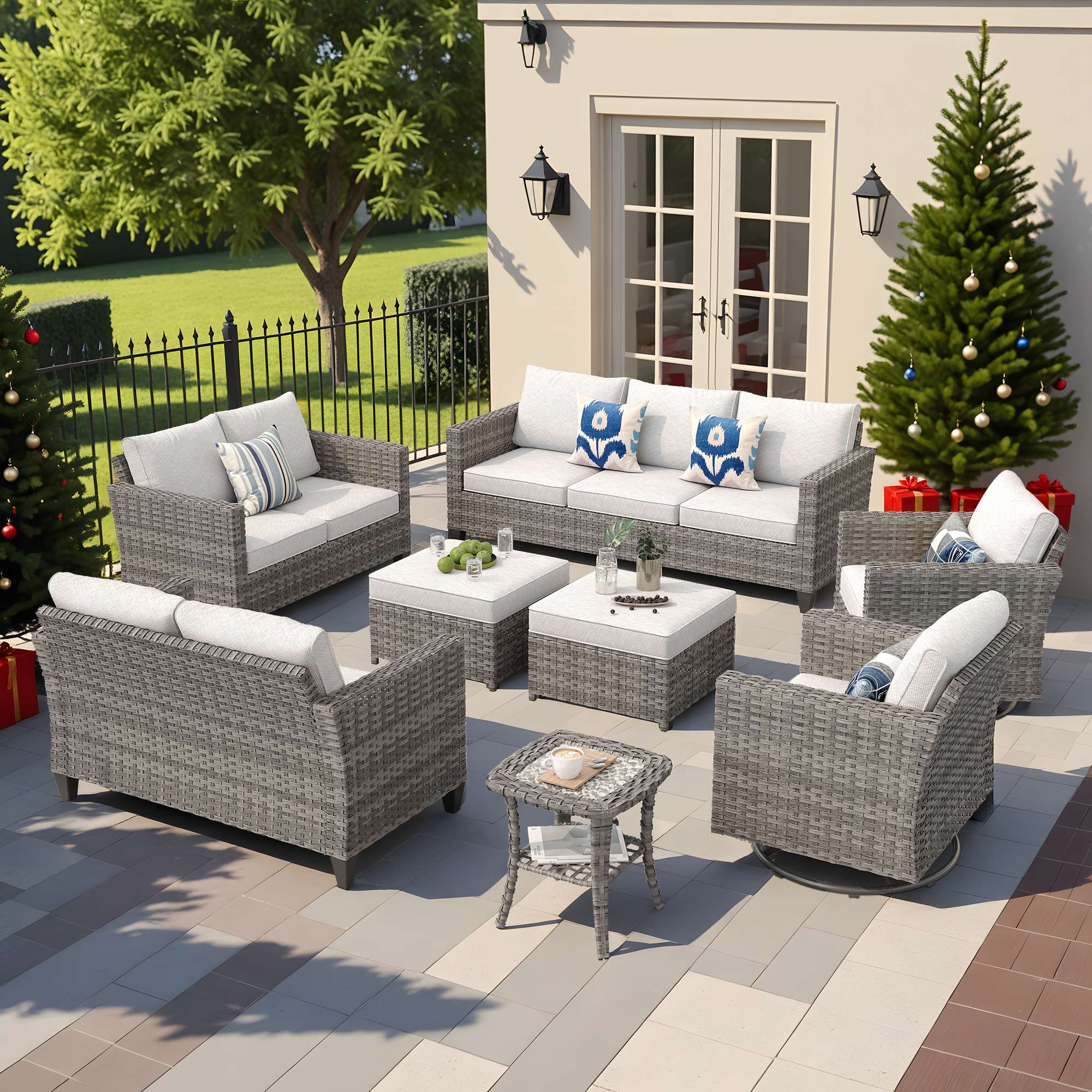 OVIOS Outdoor Patio Furniture Set with Wicker Sofa Loveseat Ottomans and Rocking Chairs