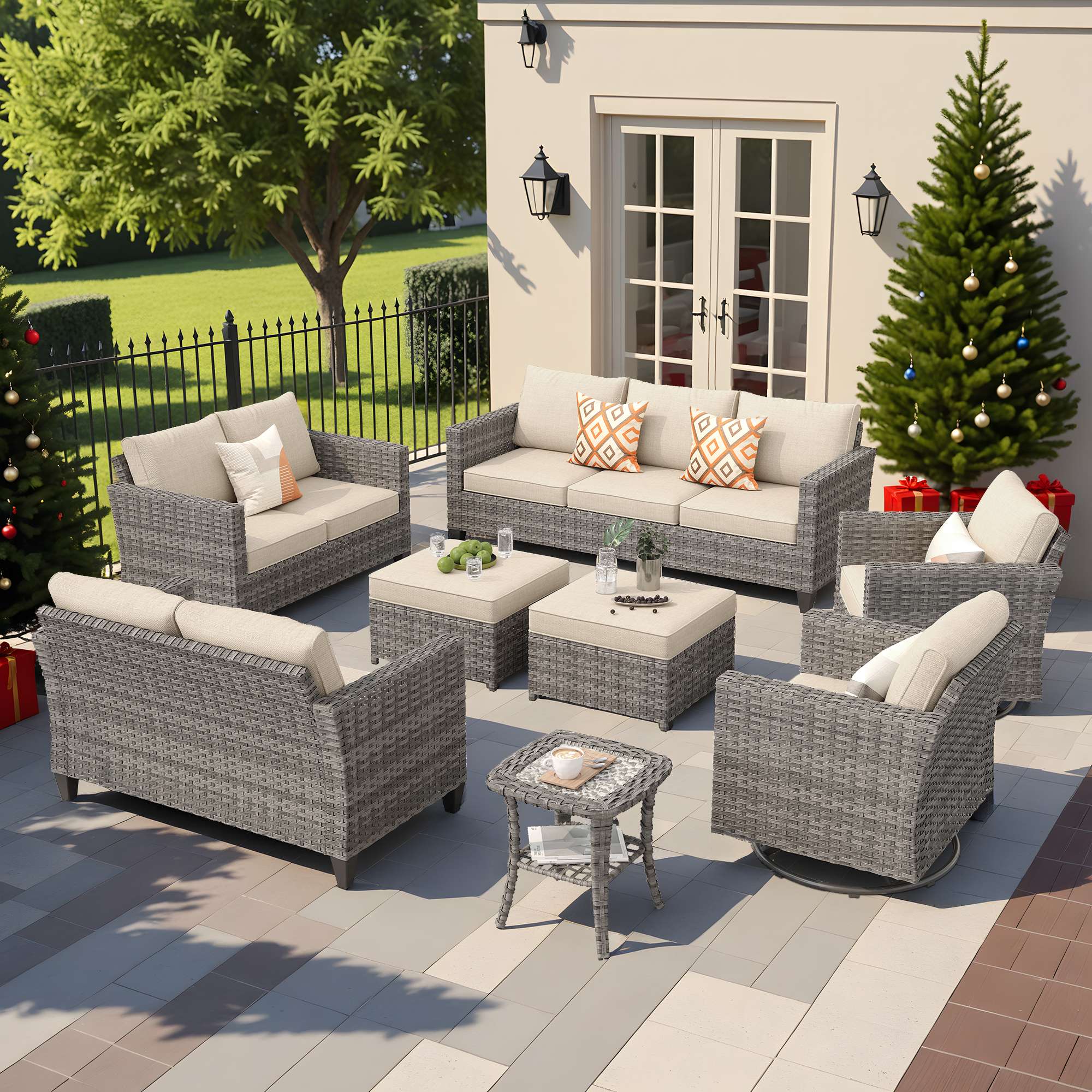 OVIOS Outdoor Patio Furniture Set with Wicker Sofa Loveseat Ottomans and Rocking Chairs
