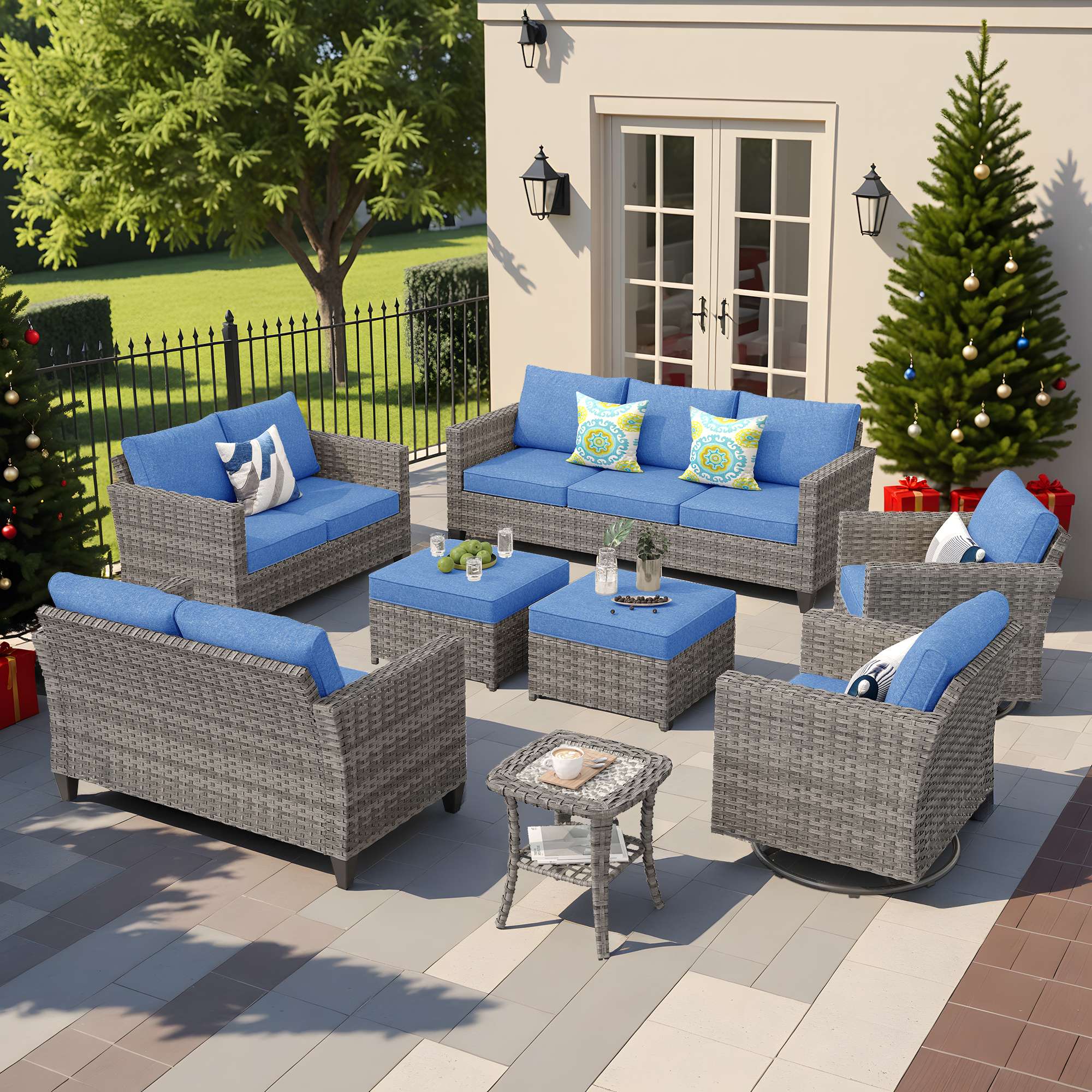 OVIOS Outdoor Patio Furniture Set with Wicker Sofa Loveseat Ottomans and Rocking Chairs