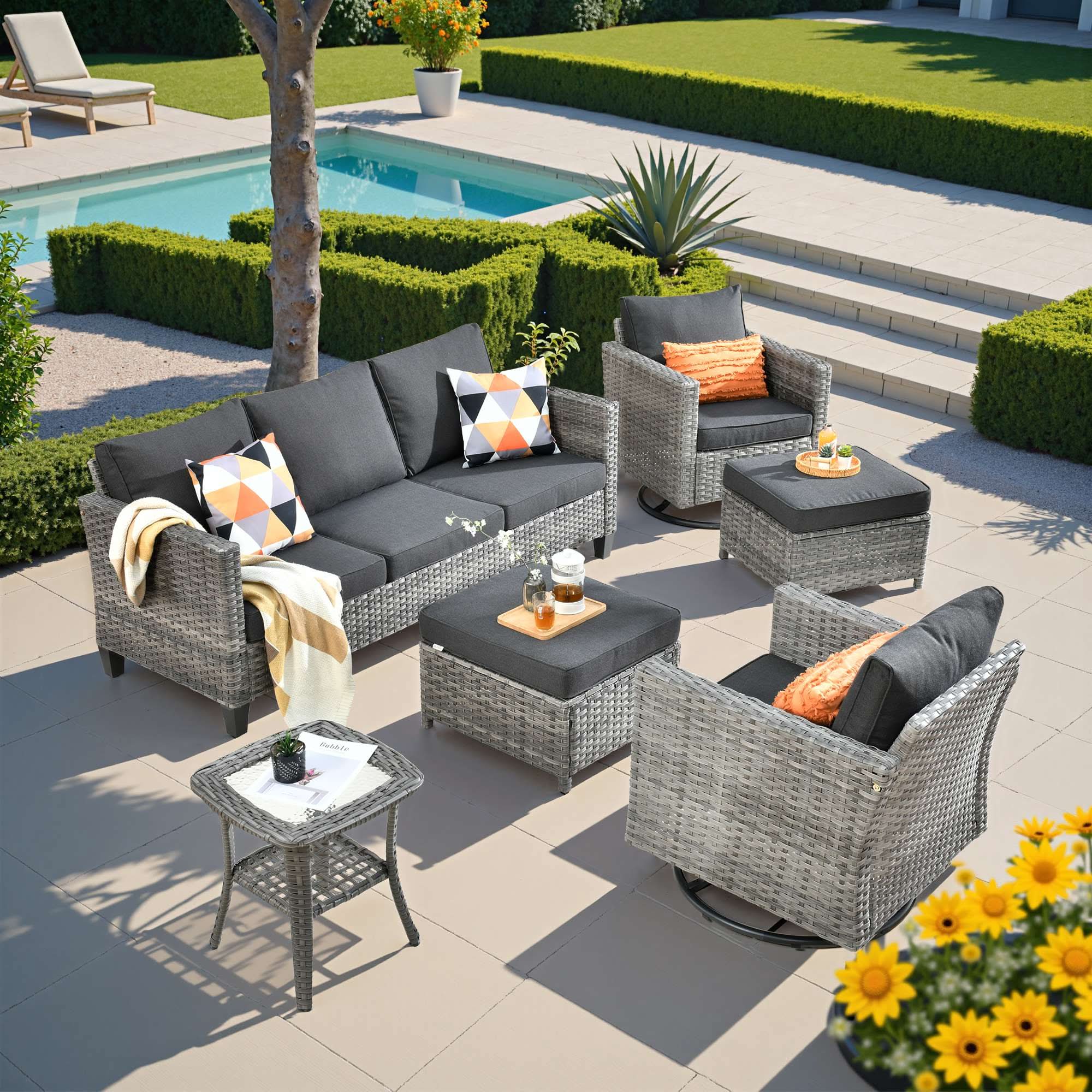 Black | OVIOS 6-piece grey wicker outdoor patio furniture set with swivel chairs.