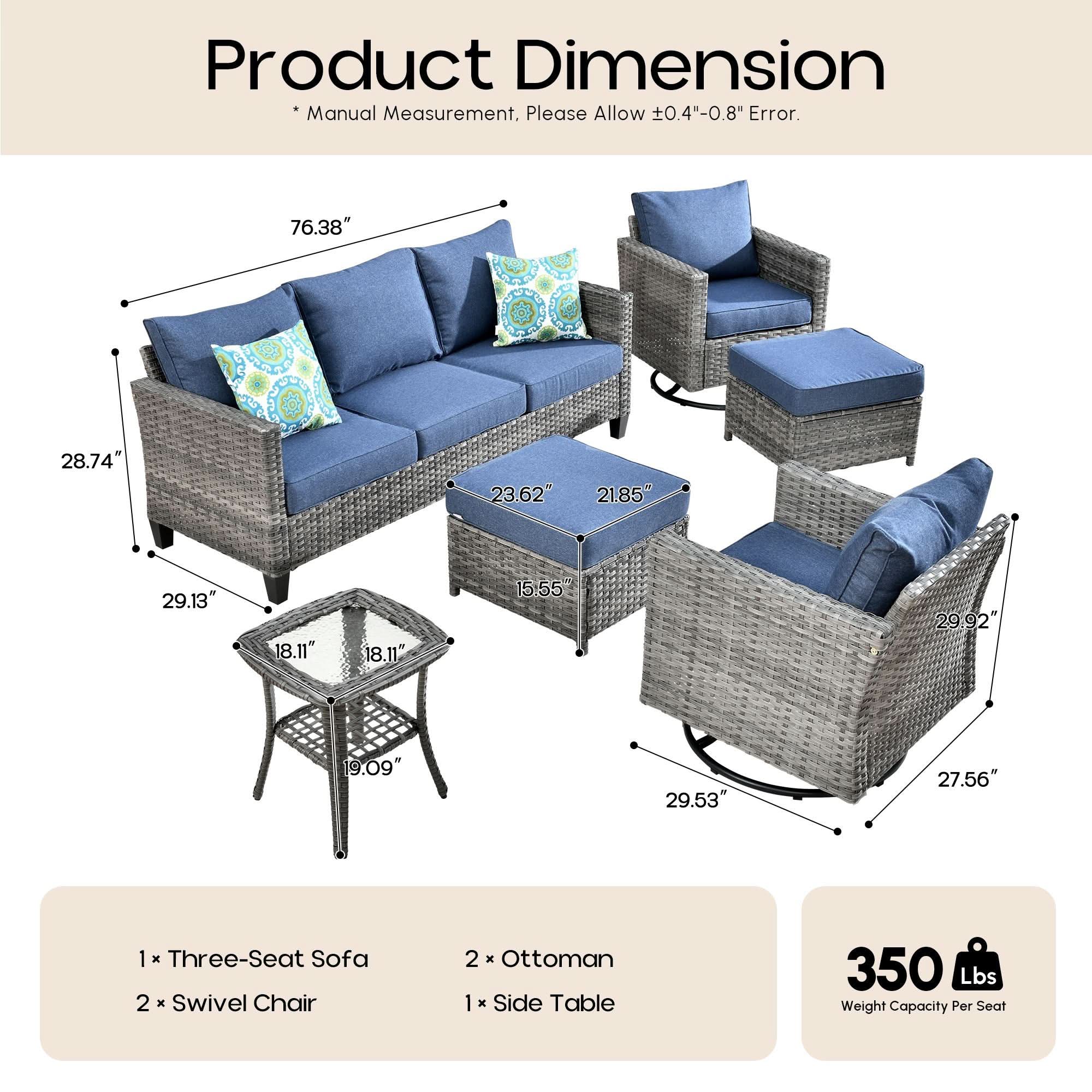 Denim Blue OVIOS 6-piece outdoor patio furniture set dimensions diagram with sofa, swivel chairs, ottomans.