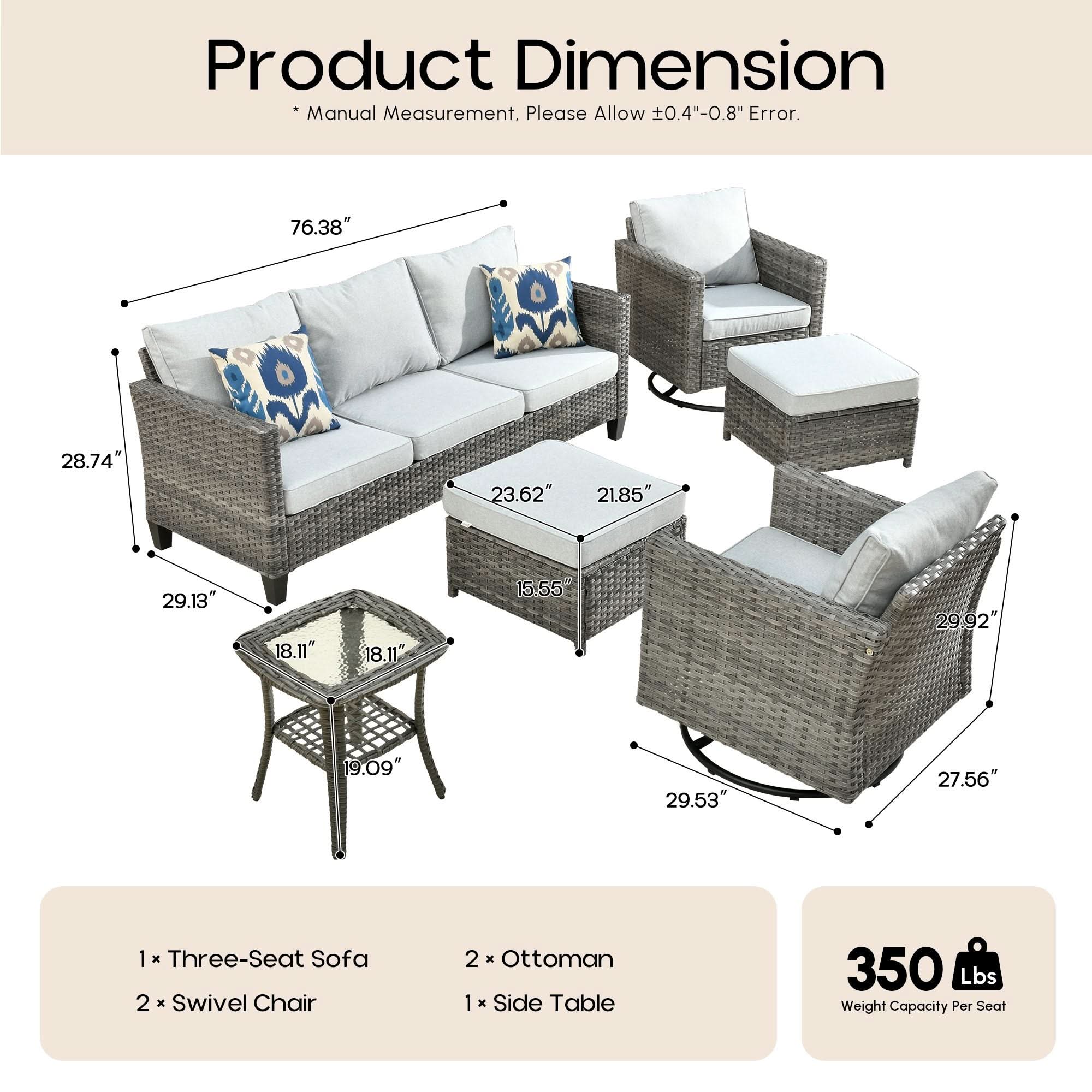 Light Grey OVIOS 6-piece outdoor wicker furniture set dimensions: sofa, chairs, ottomans, table.