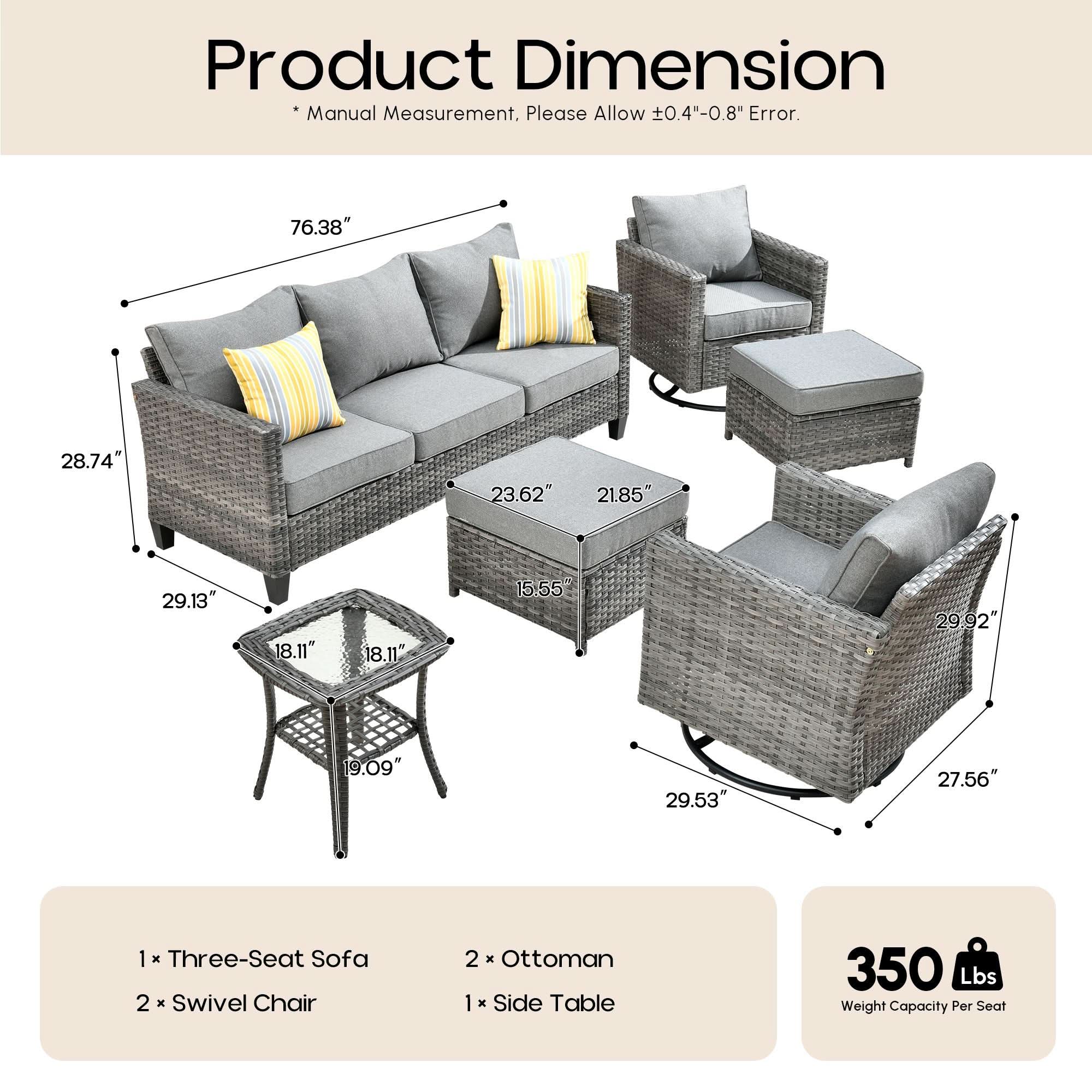 Dark Grey | OVIOS 6-piece outdoor patio furniture set dimensions diagram with sofa, swivel chairs, ottomans.