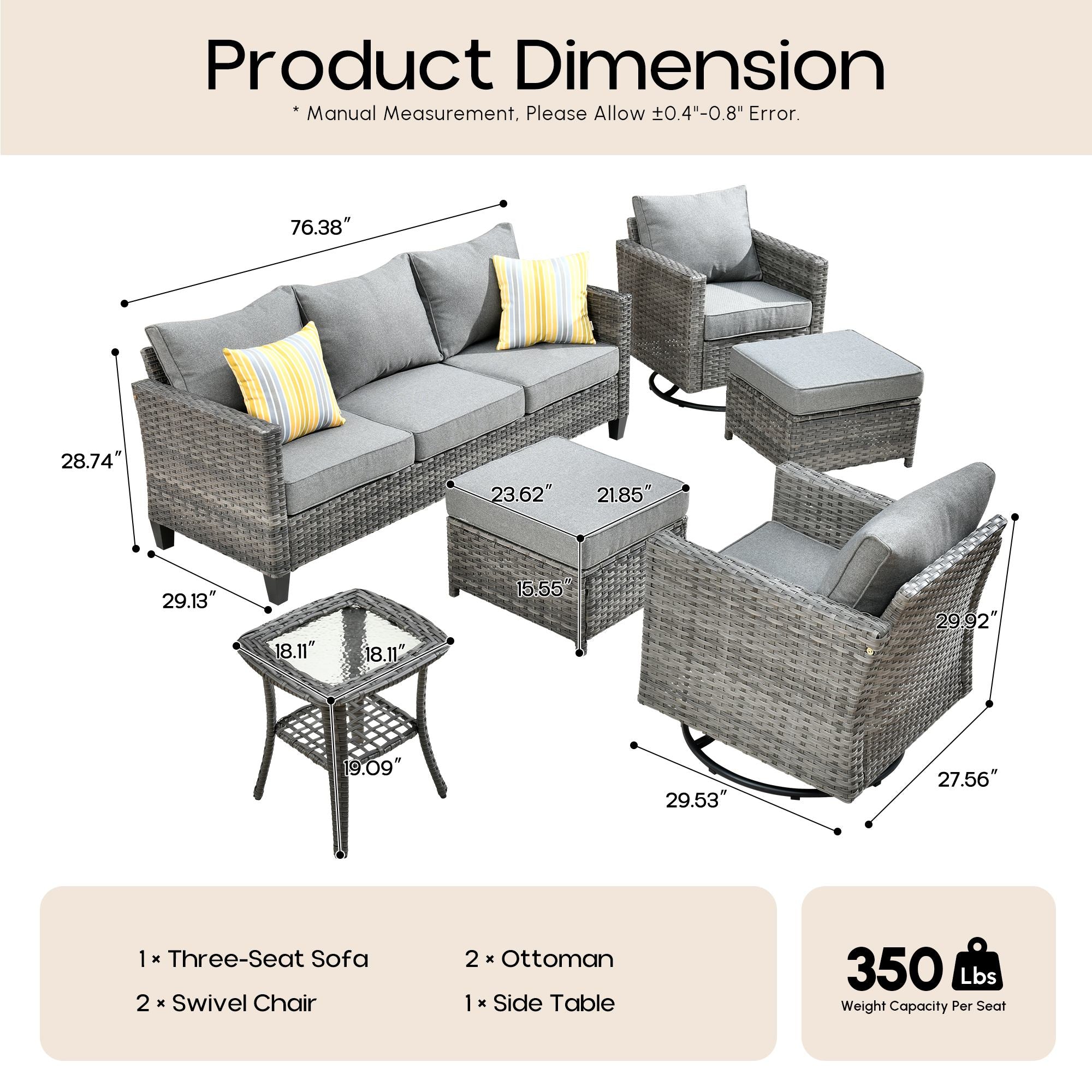 OVIOS Outdoor Patio Furniture Set with Wicker Sofa Loveseat Ottomans and Rocking Chairs
