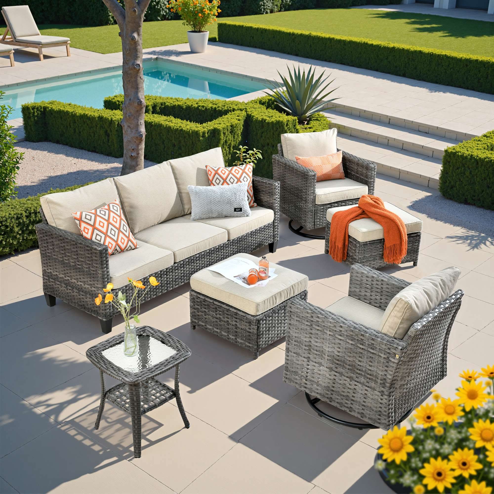 Beige | OVIOS grey 6-piece outdoor wicker patio set with sofa, swivel rocking chairs, ottomans.