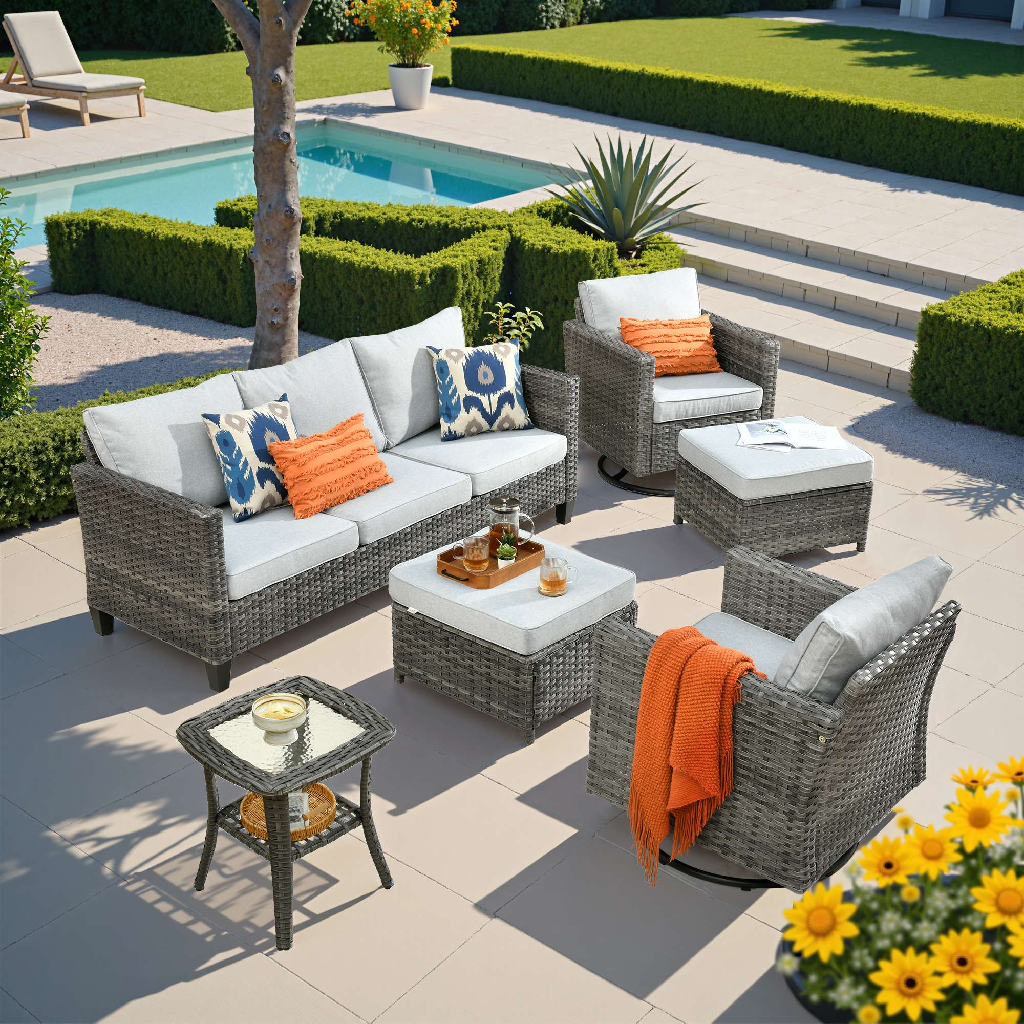 OVIOS Outdoor Patio Furniture Set with Wicker Sofa Loveseat Ottomans and Rocking Chairs