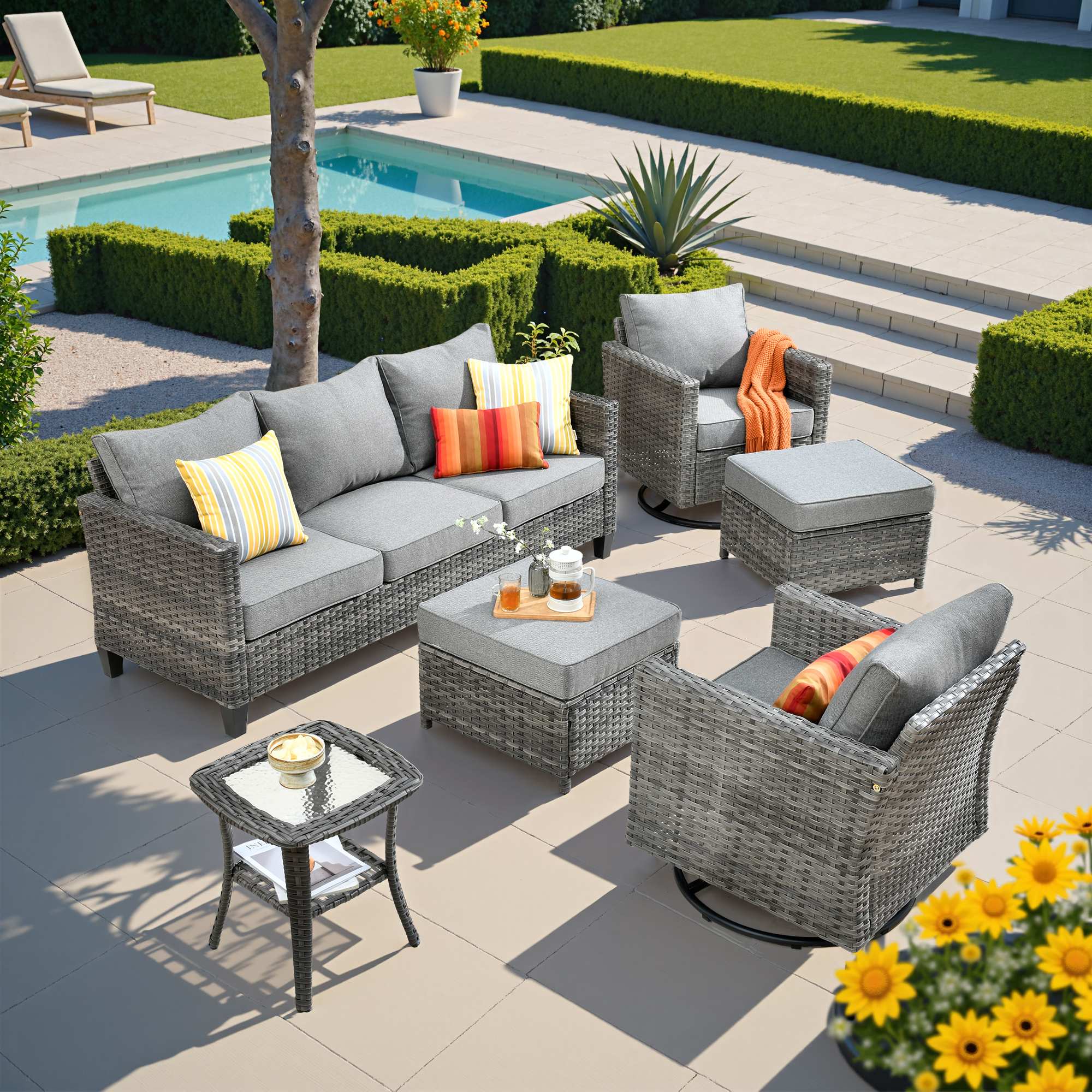 Dark Grey | OVIOS 6-piece grey wicker patio furniture set with swivel chairs, sofa, ottomans.