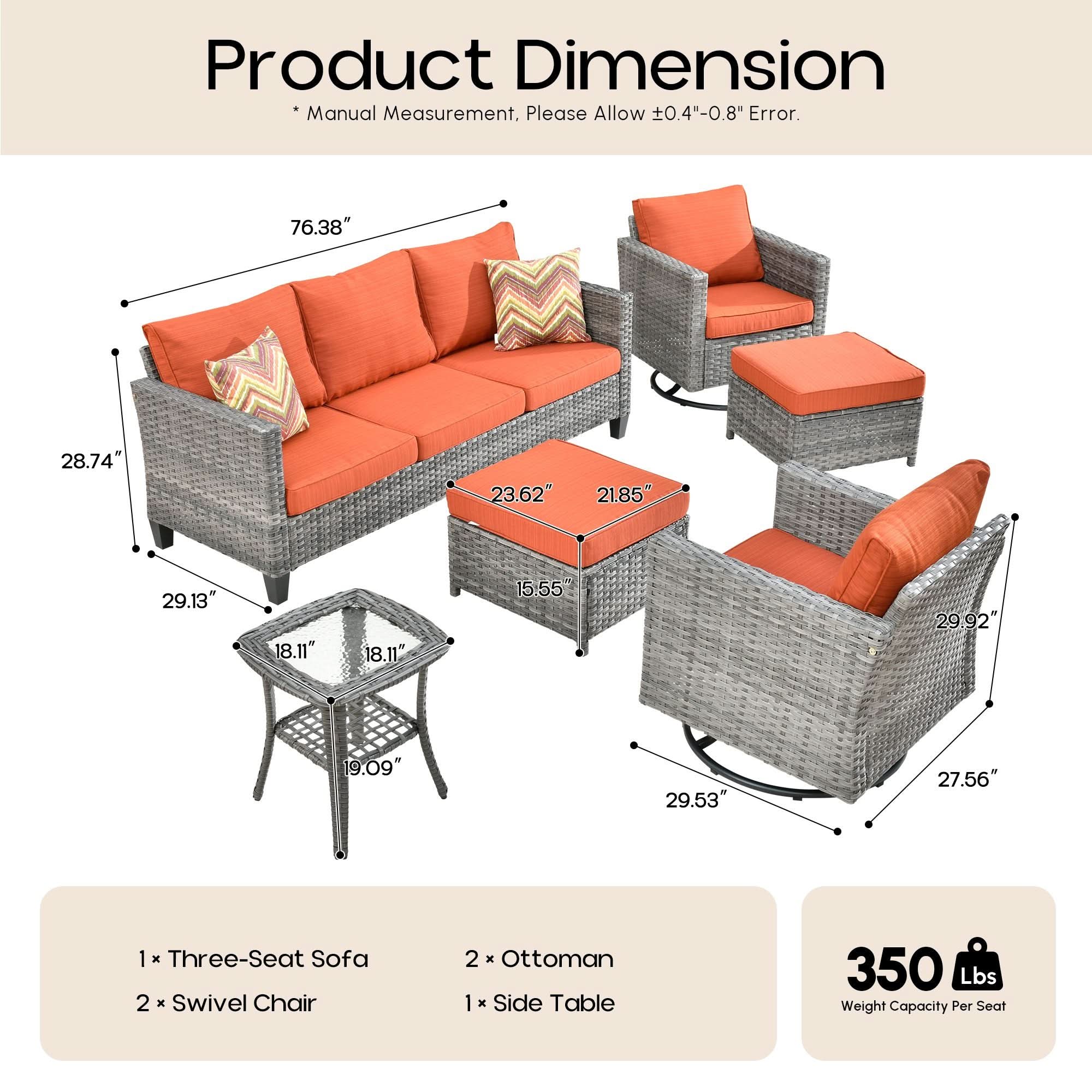 OVIOS 6pc wicker outdoor set dimensions: sofa, 2 swivel chairs, ottomans, side table, orange cushions.