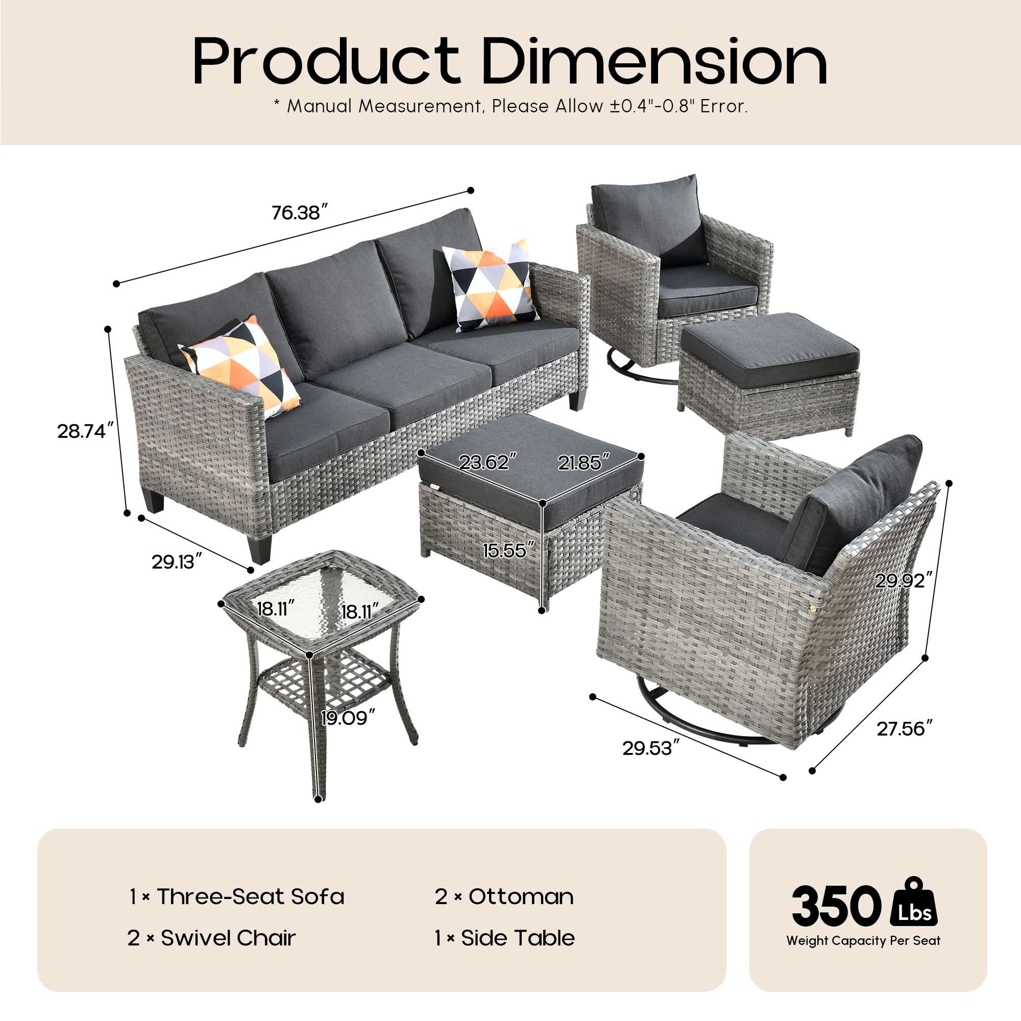 Black | OVIOS 6-piece outdoor wicker patio furniture set: sofa, 2 swivel chairs, ottomans.