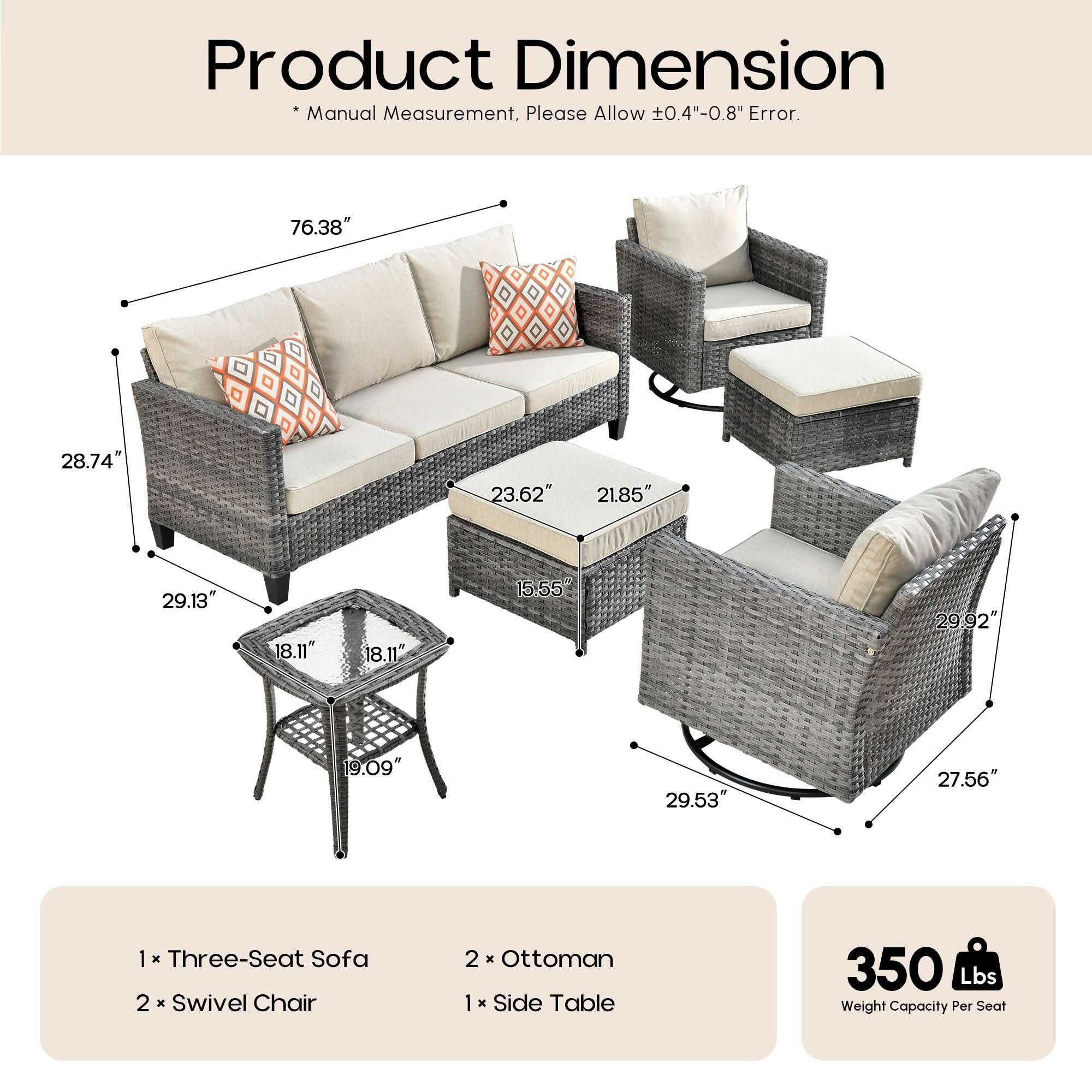 Light Grey OVIOS 6-piece outdoor wicker patio furniture set dimensions: sofa, 2 swivel chairs, 2 ottomans, table.