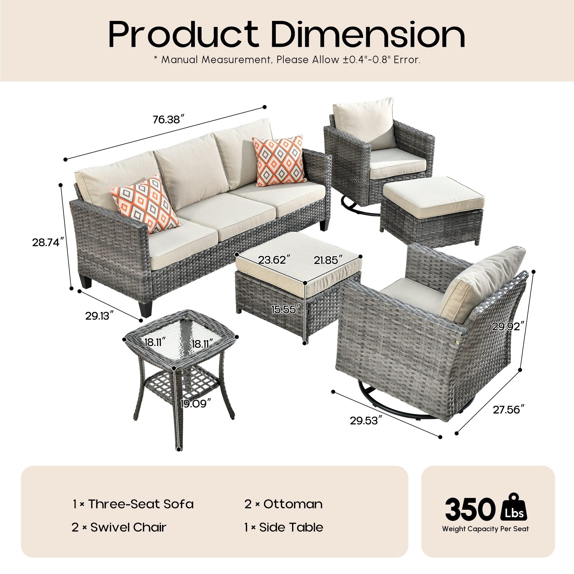 OVIOS Outdoor Patio Furniture Set with Wicker Sofa Loveseat Ottomans and Rocking Chairs