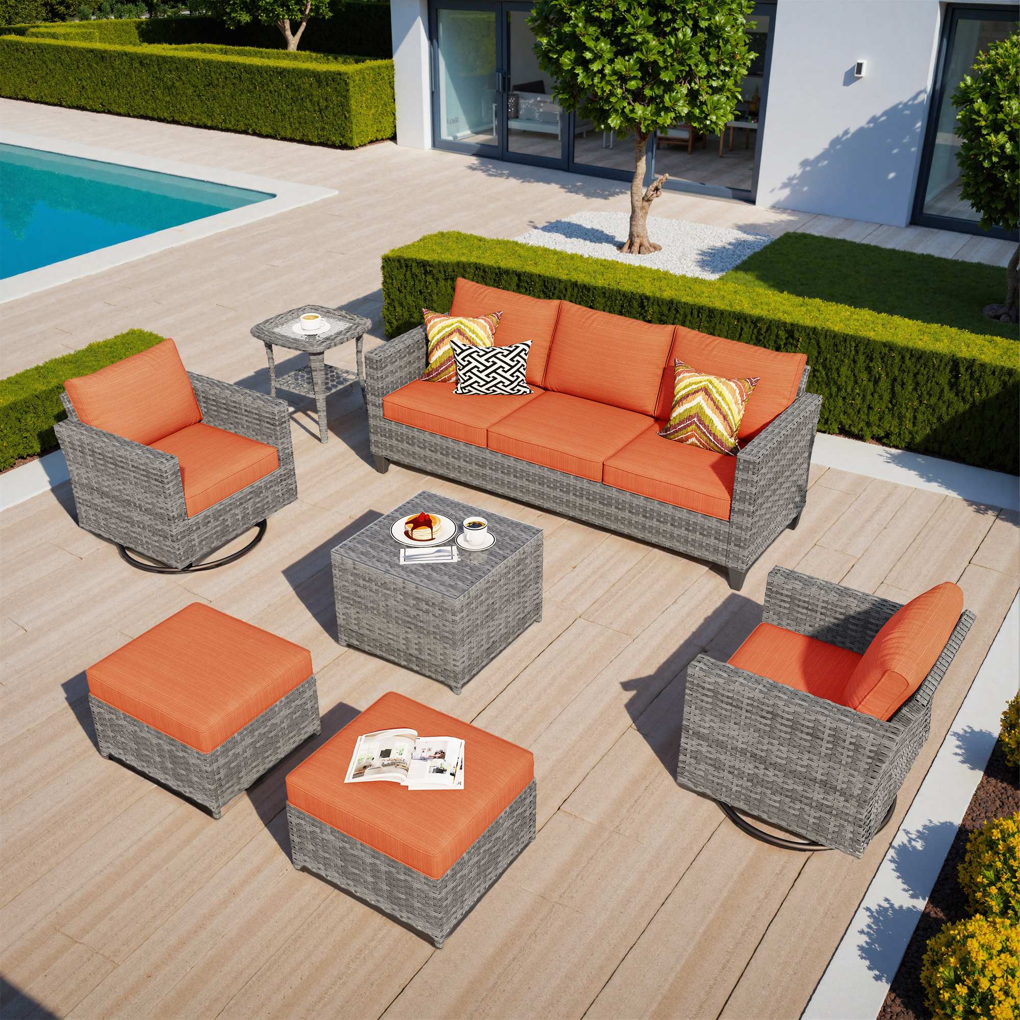 OVIOS Outdoor Patio Furniture Set with Wicker Sofa Loveseat Ottomans and Rocking Chairs