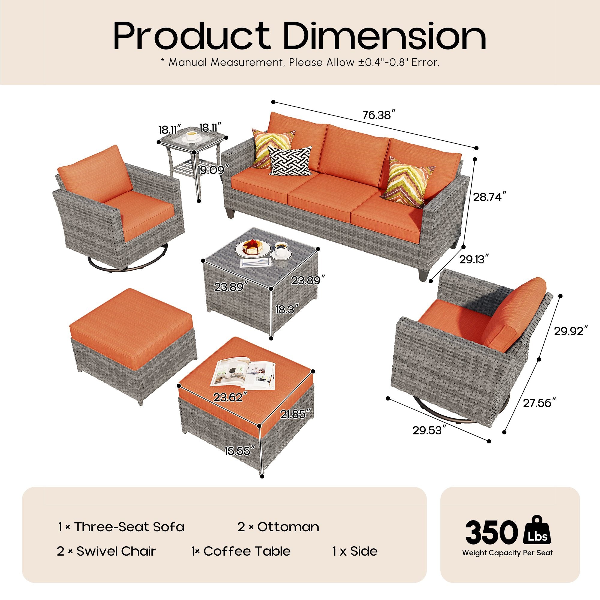 OVIOS Outdoor Patio Furniture Set with Wicker Sofa Loveseat Ottomans and Rocking Chairs