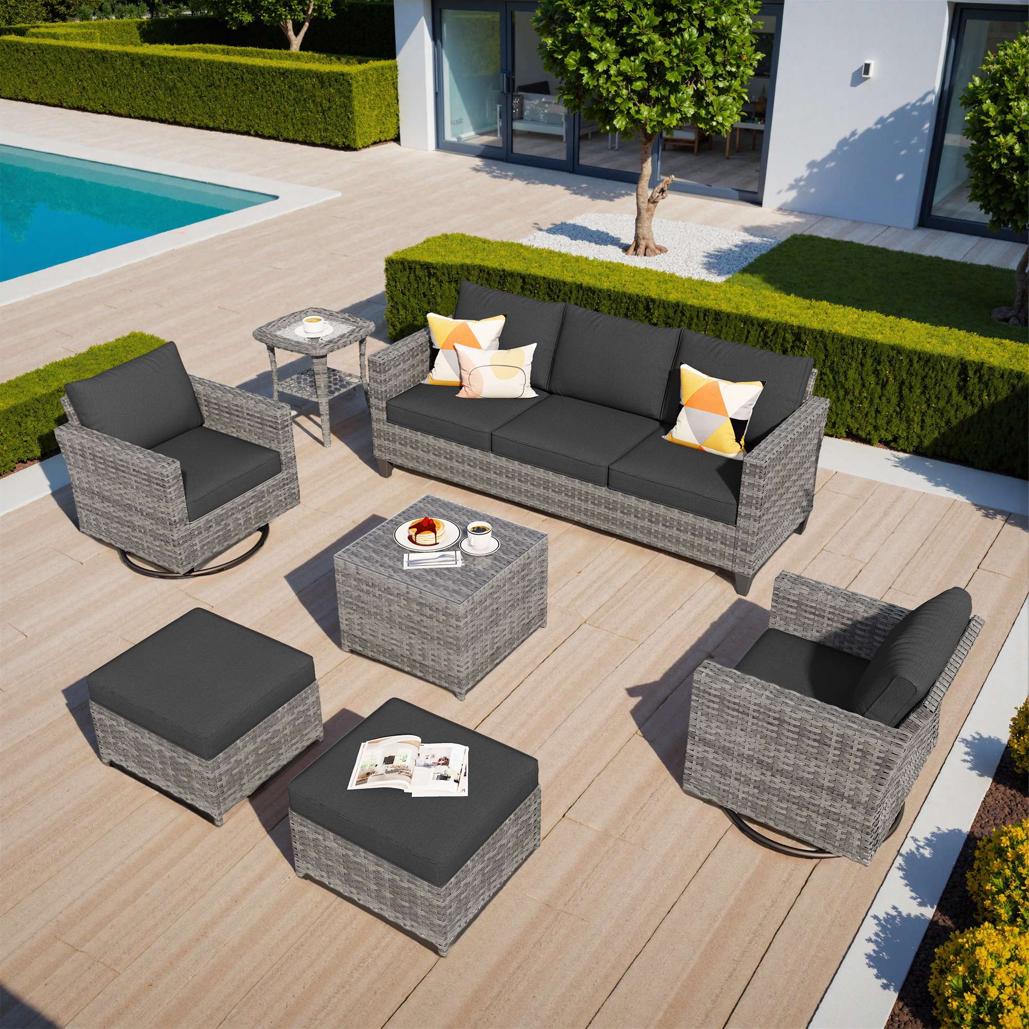 OVIOS Outdoor Patio Furniture Set with Wicker Sofa Loveseat Ottomans and Rocking Chairs