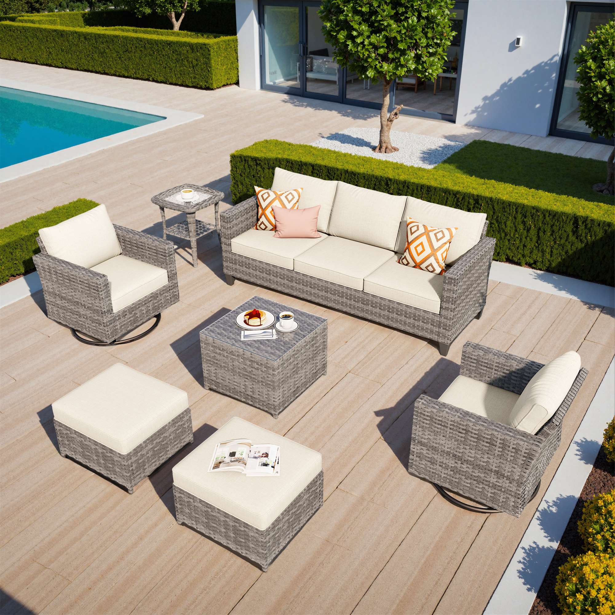 OVIOS Outdoor Patio Furniture Set with Wicker Sofa Loveseat Ottomans and Rocking Chairs