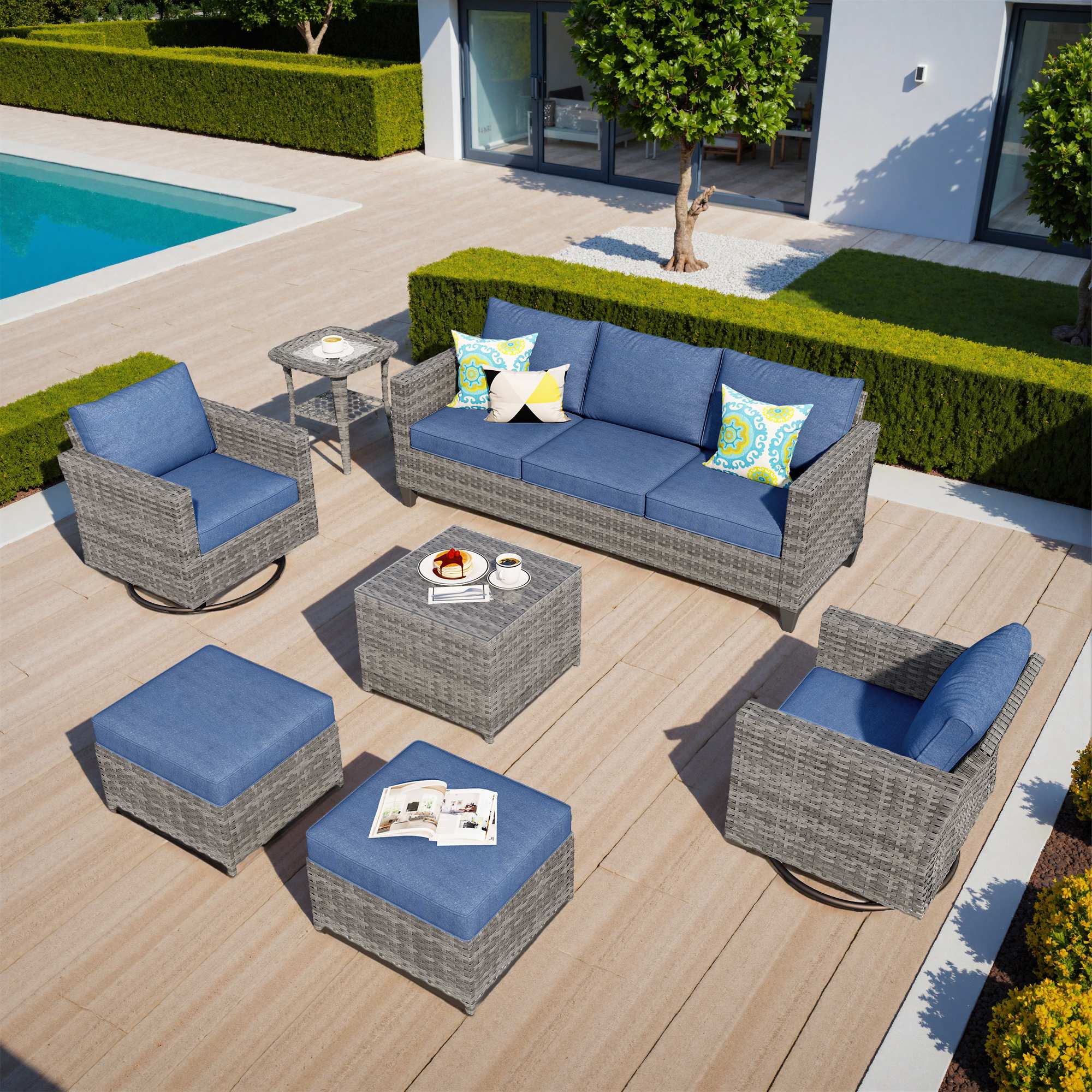 OVIOS Outdoor Patio Furniture Set with Wicker Sofa Loveseat Ottomans and Rocking Chairs