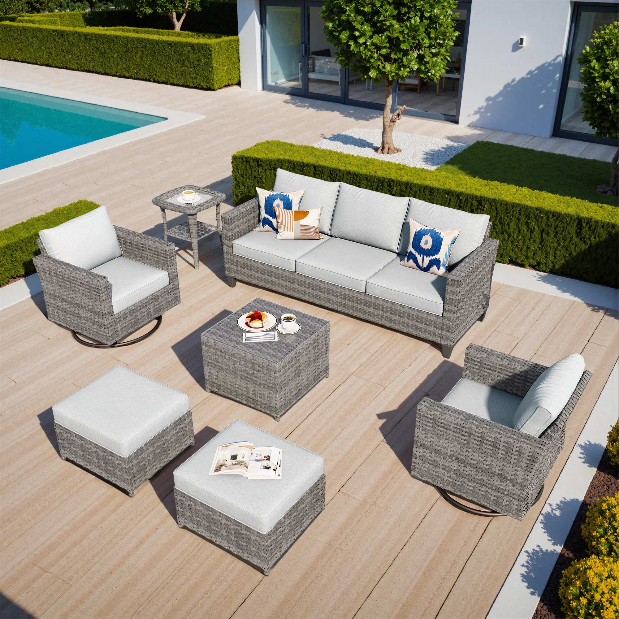 OVIOS Outdoor Patio Furniture Set with Wicker Sofa Loveseat Ottomans and Rocking Chairs