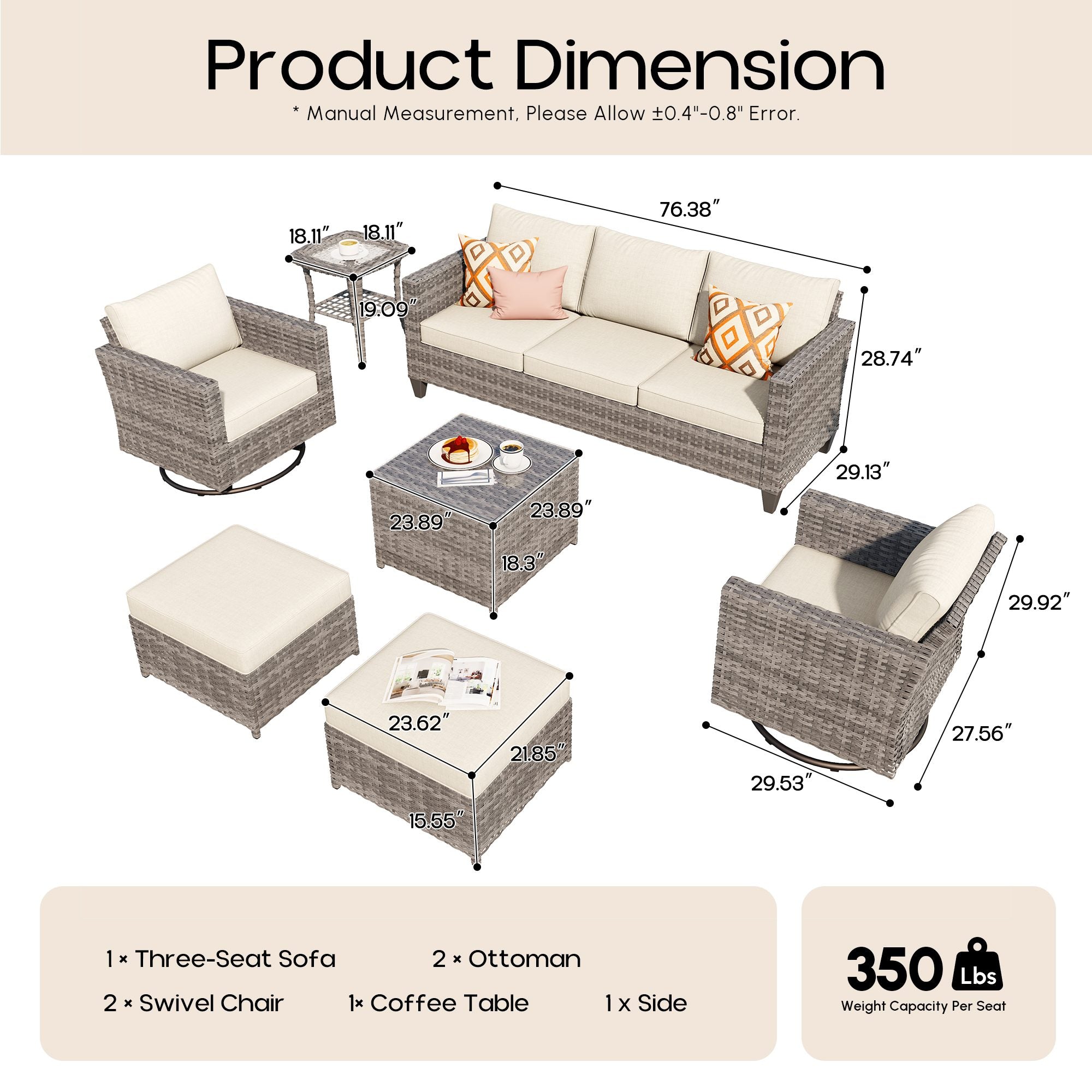 OVIOS Outdoor Patio Furniture Set with Wicker Sofa Loveseat Ottomans and Rocking Chairs