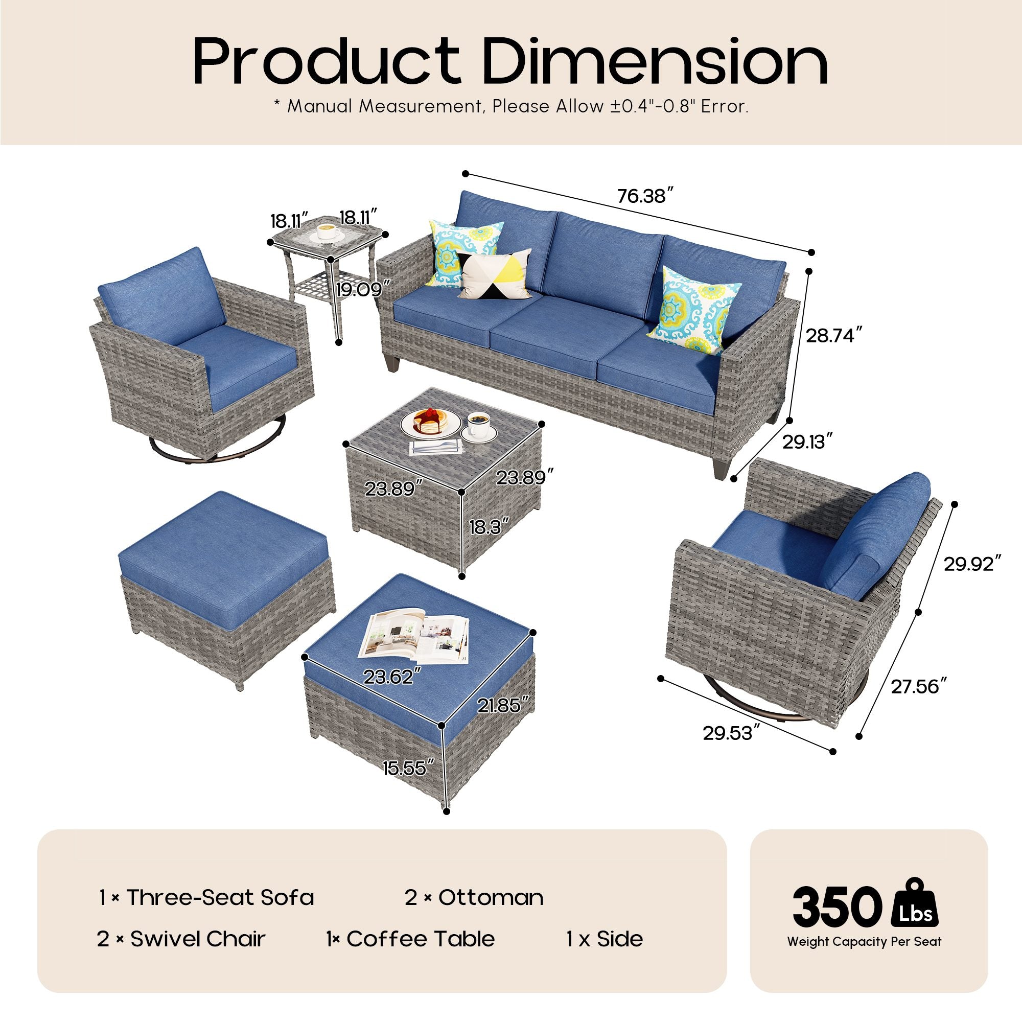 OVIOS Outdoor Patio Furniture Set with Wicker Sofa Loveseat Ottomans and Rocking Chairs