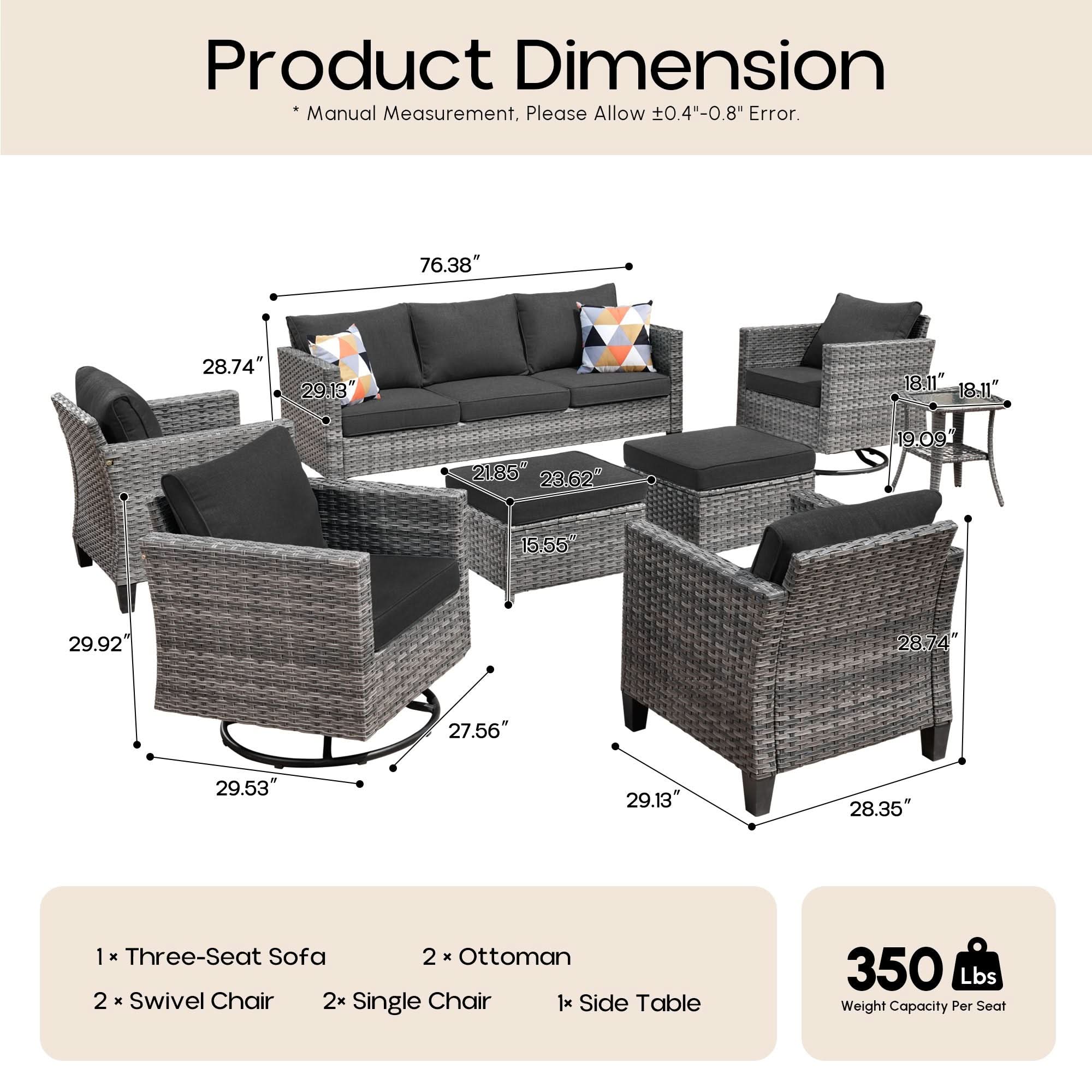 Black | OVIOS 8-piece wicker patio conversation set dimensions diagram