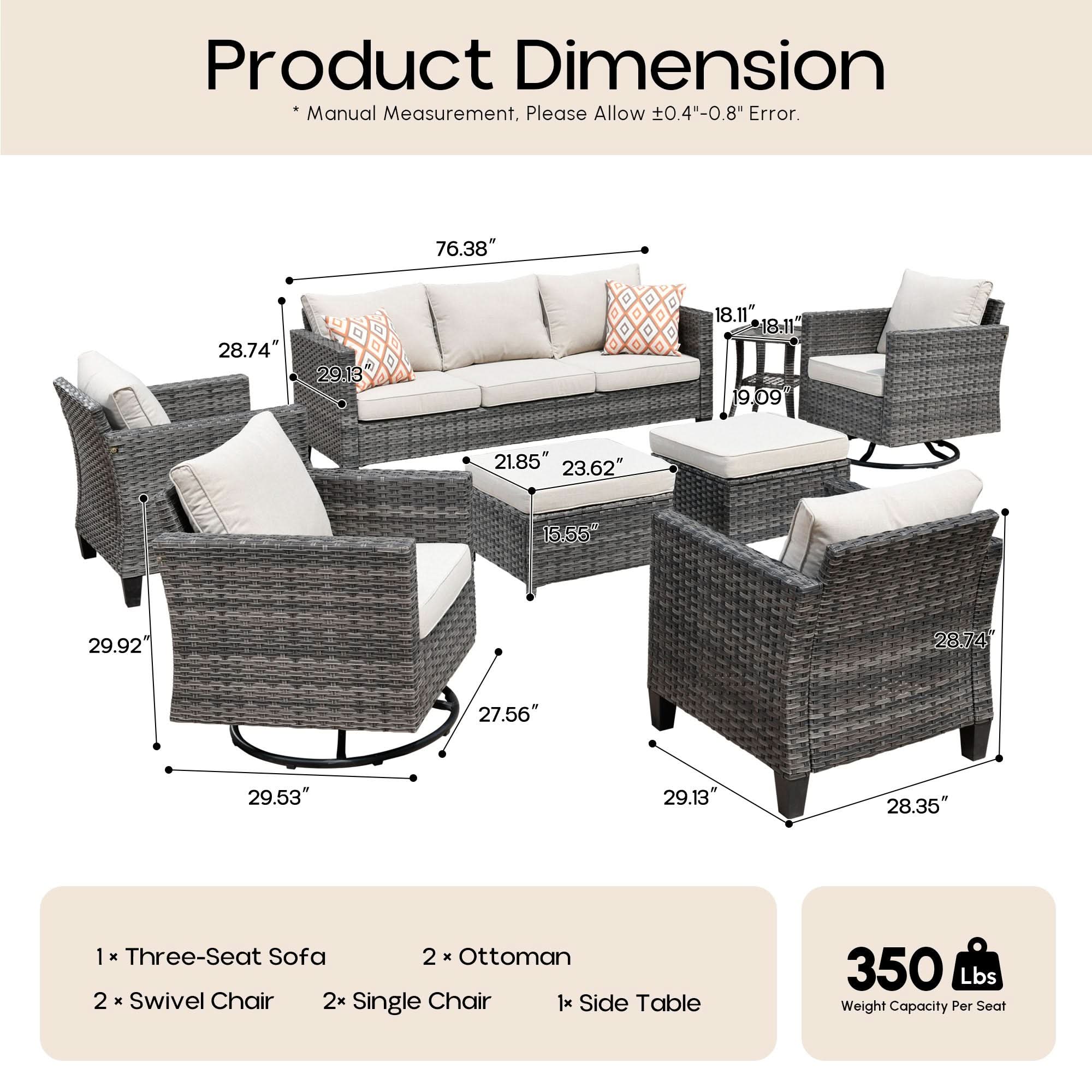 Beige | OVIOS 8-piece wicker patio conversation set, showing dimensions of sofa, swivel chairs & table.