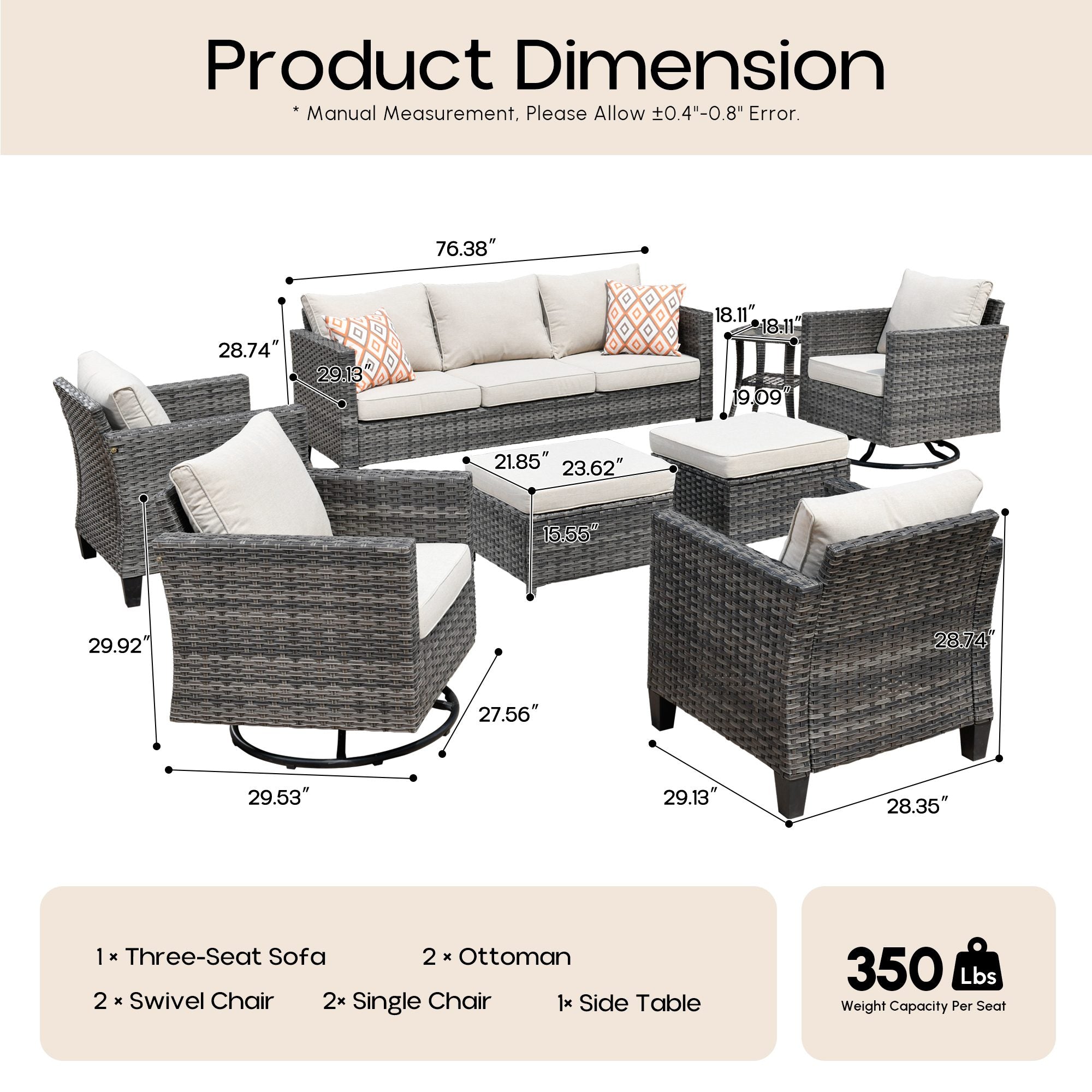 OVIOS Outdoor Patio Furniture Set with Wicker Sofa Loveseat Ottomans and Rocking Chairs