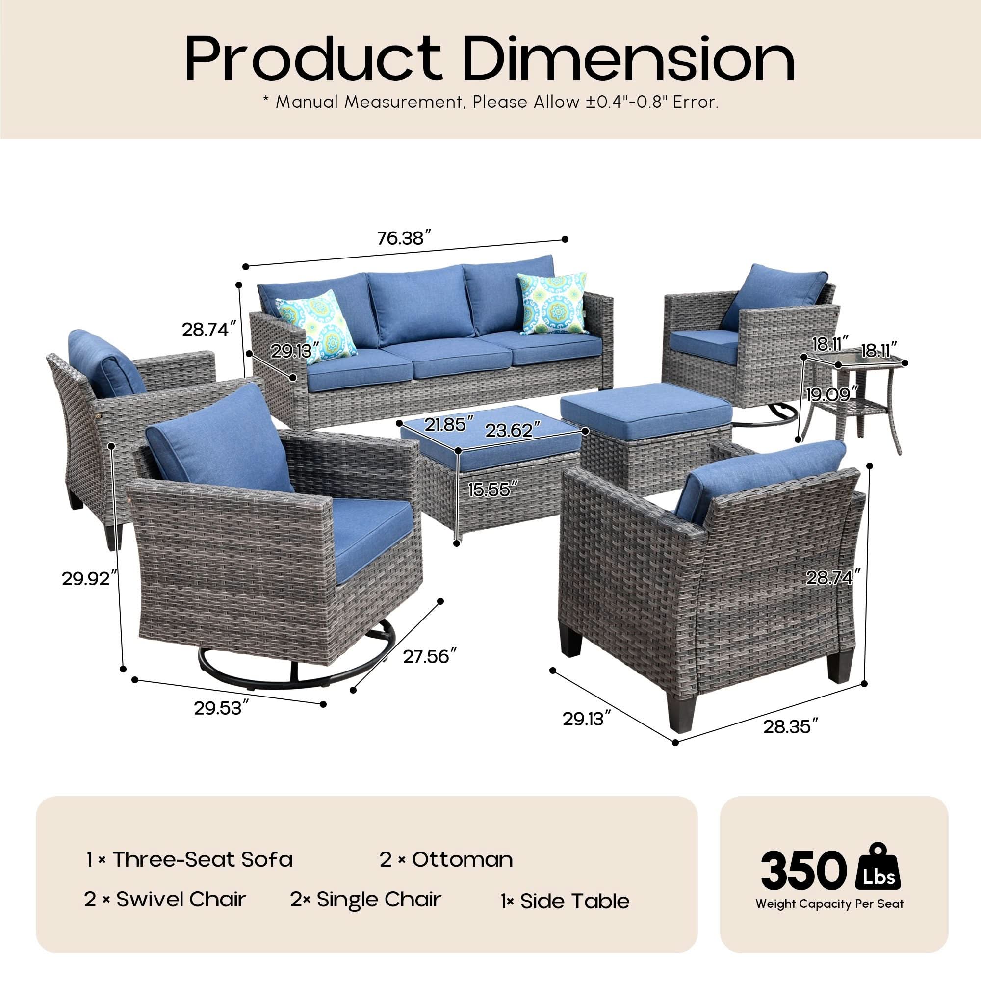 Denim Blue | OVIOS 8-piece wicker patio set dimensions, components, and weight capacity diagram.