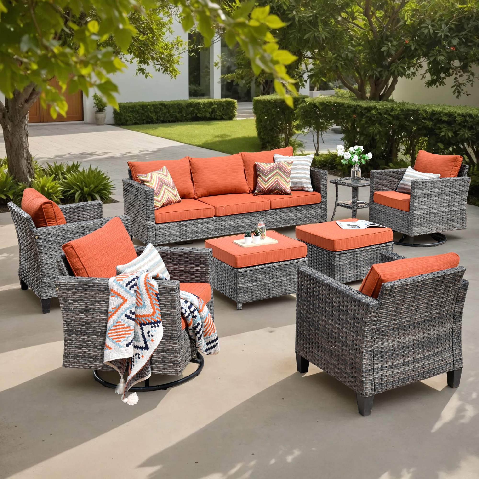 OVIOS Outdoor Patio Furniture Set with Wicker Sofa Loveseat Ottomans and Rocking Chairs