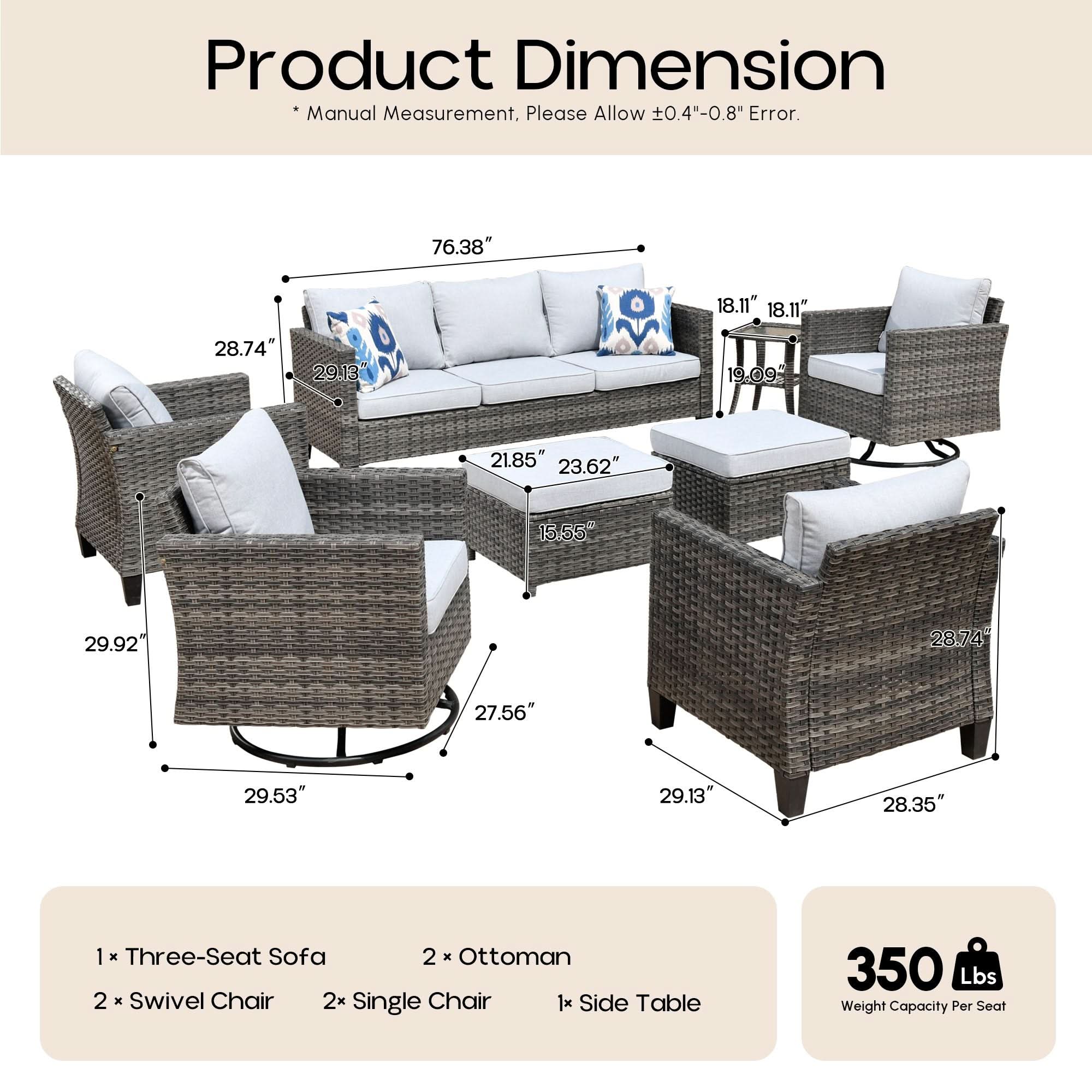 Light Grey OVIOS 8-piece wicker patio conversation set dimensions diagram including sofa, chairs, and table.