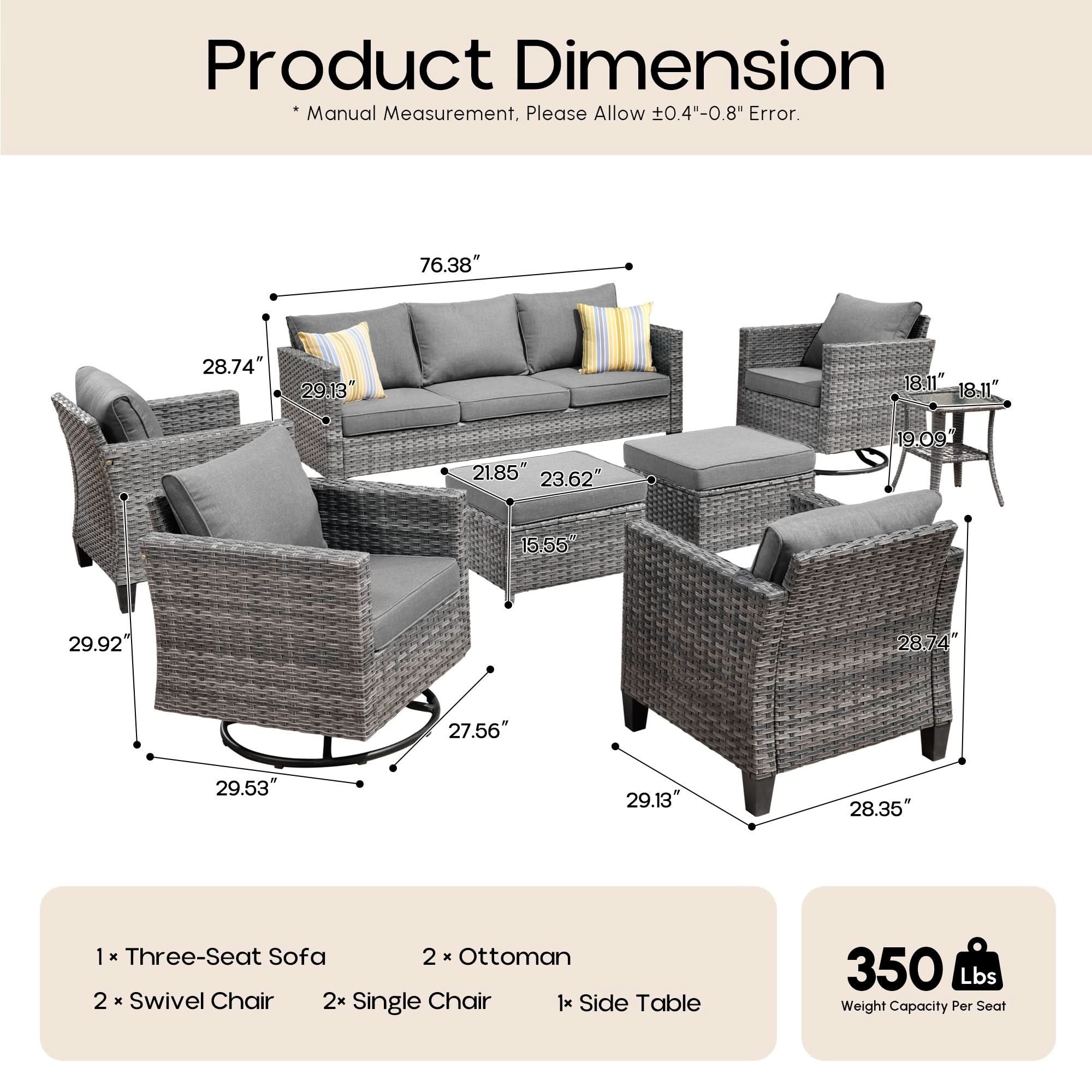Dark Grey | OVIOS 8-piece gray wicker patio set dimensions diagram: sofa, swivel chairs, ottomans, table.
