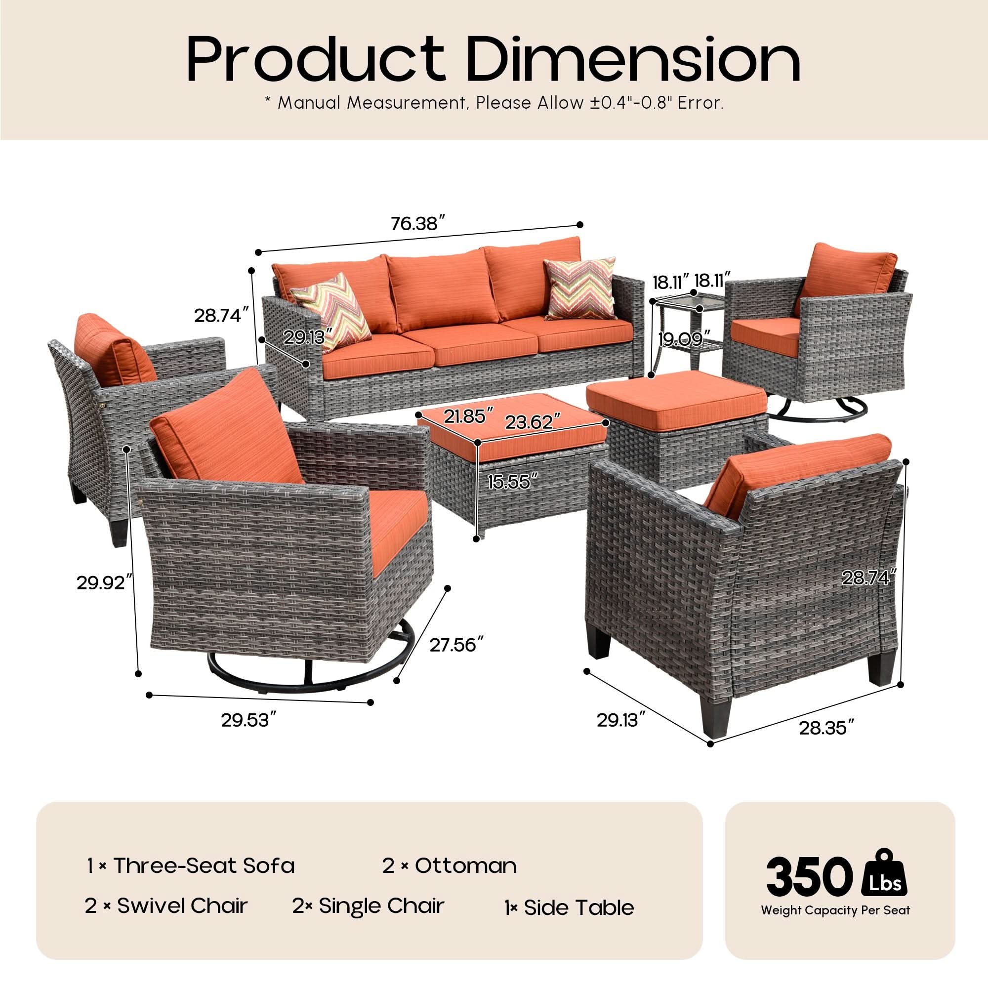 Orange | OVIOS 8-piece wicker patio set: dimension diagram of sofa, swivel chairs, ottomans, and side table.