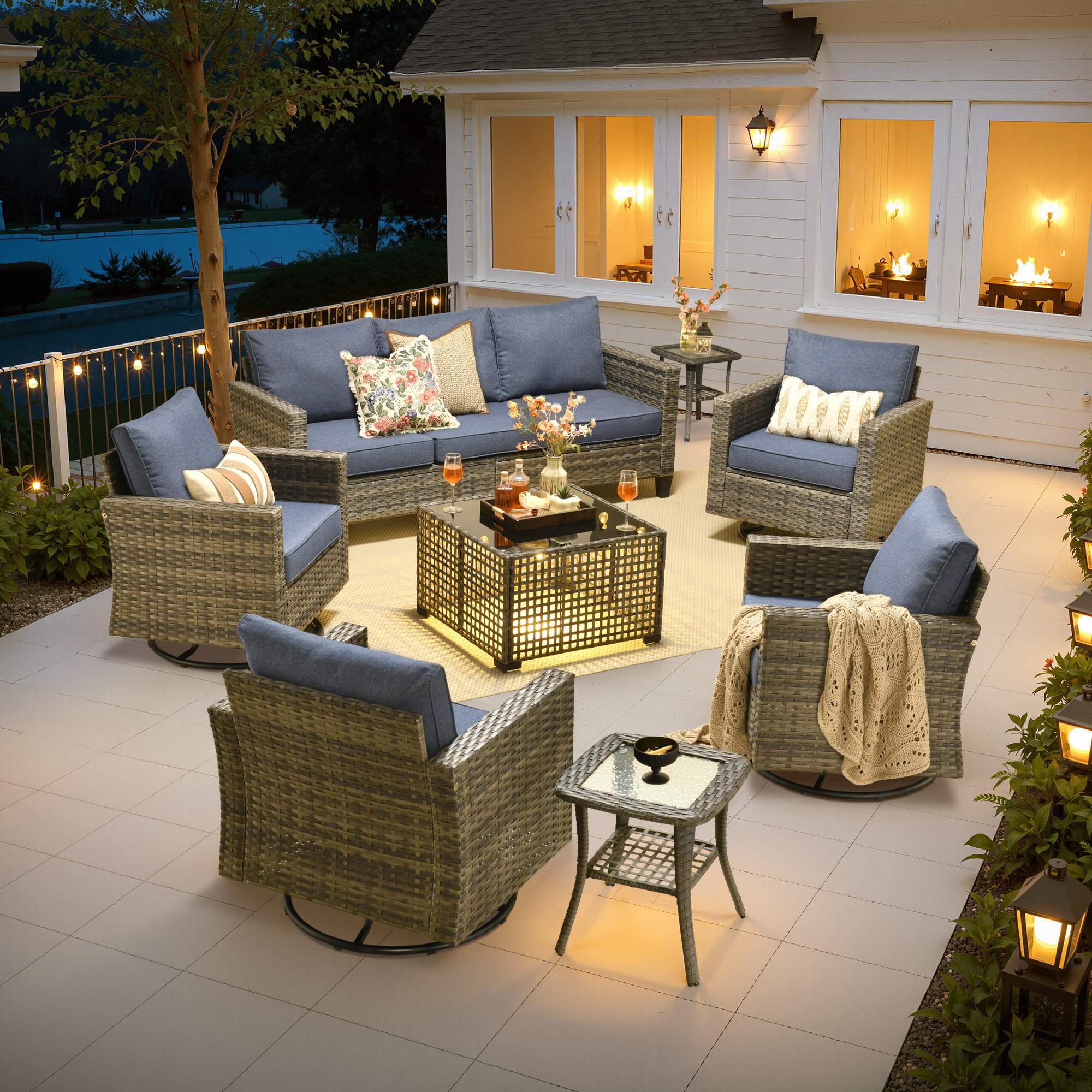 OVIOS Outdoor Patio Furniture Set with Wicker Sofa Loveseat Ottomans and Rocking Chairs