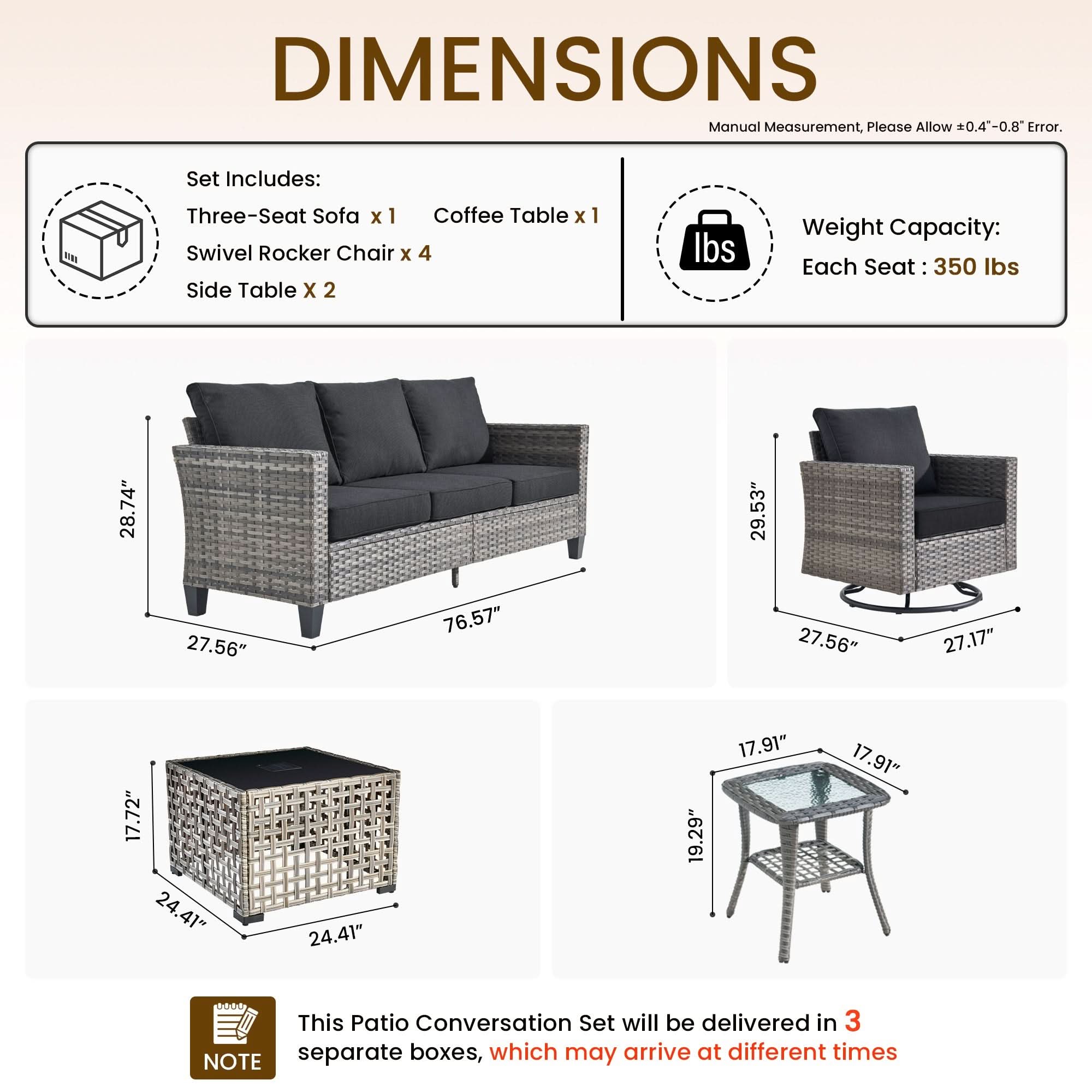 Black | OVIOS 8-piece gray wicker patio conversation set dimensions, sofa, 4 swivel chairs, solar table.