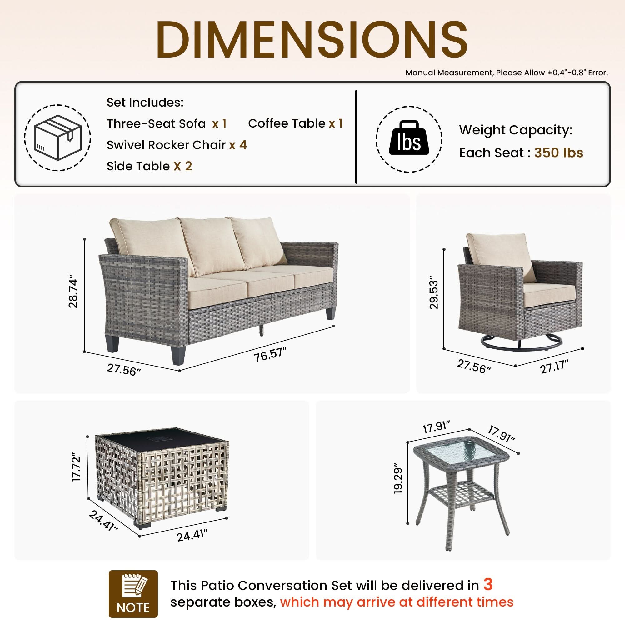 Beige | OVIOS 8-piece wicker patio set dimensions: sofa, 4 swivel chairs, solar coffee table, side tables.