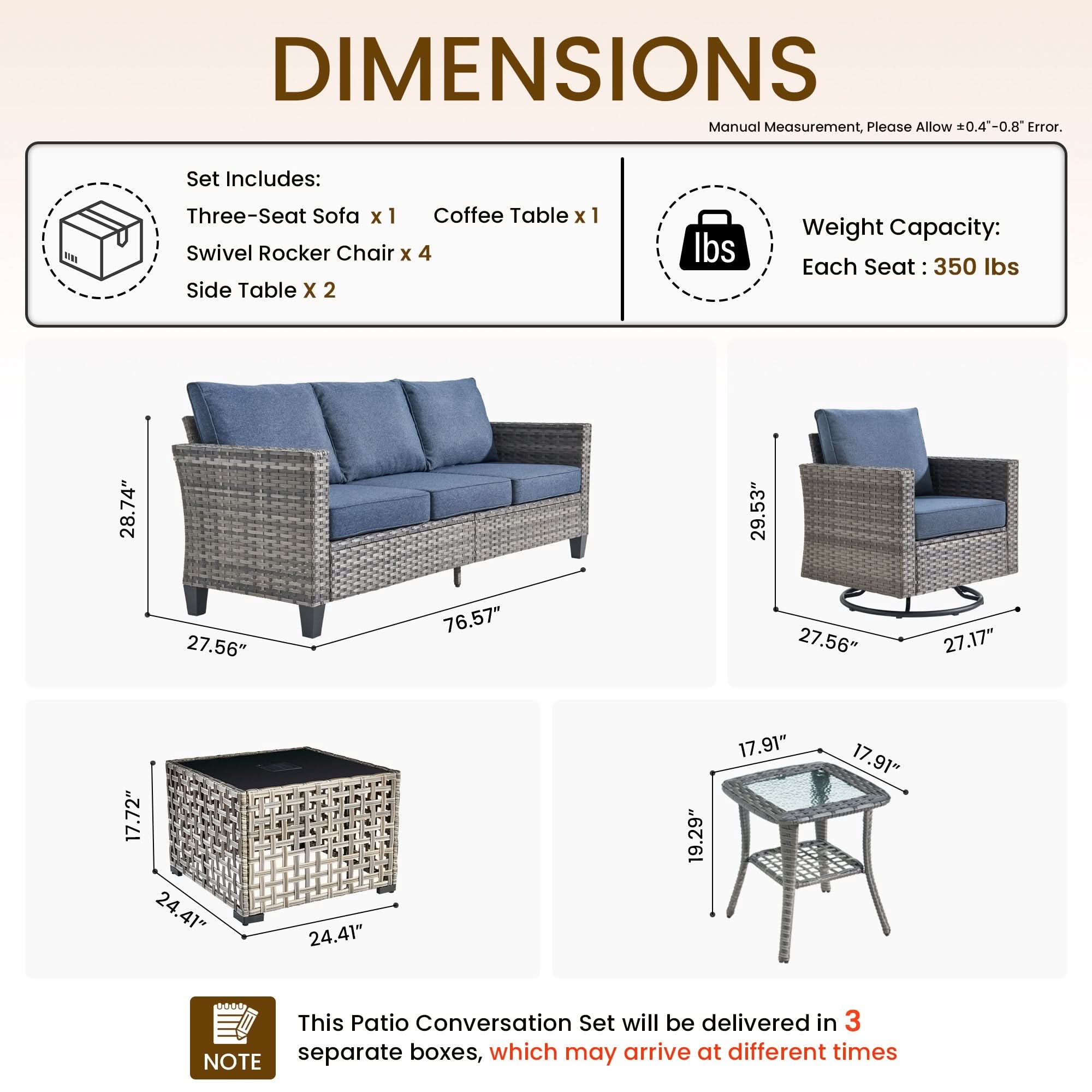 Denim Blue | OVIOS 8pc grey wicker patio set dimensions: sofa, swivel chairs, solar table, blue cushions.