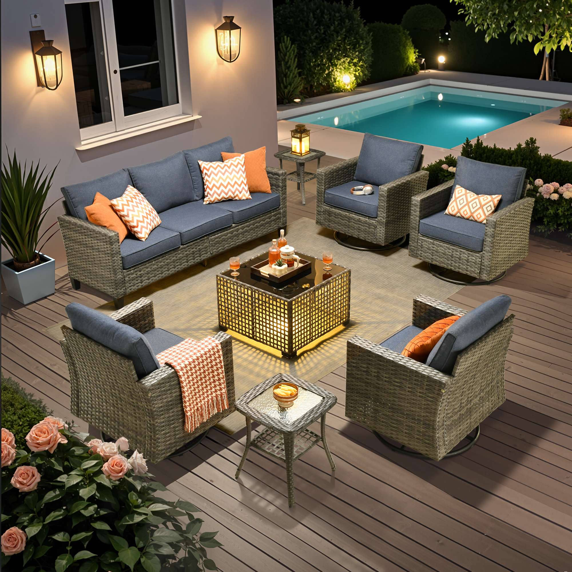 OVIOS Outdoor Patio Furniture Set with Wicker Sofa Loveseat Ottomans and Rocking Chairs