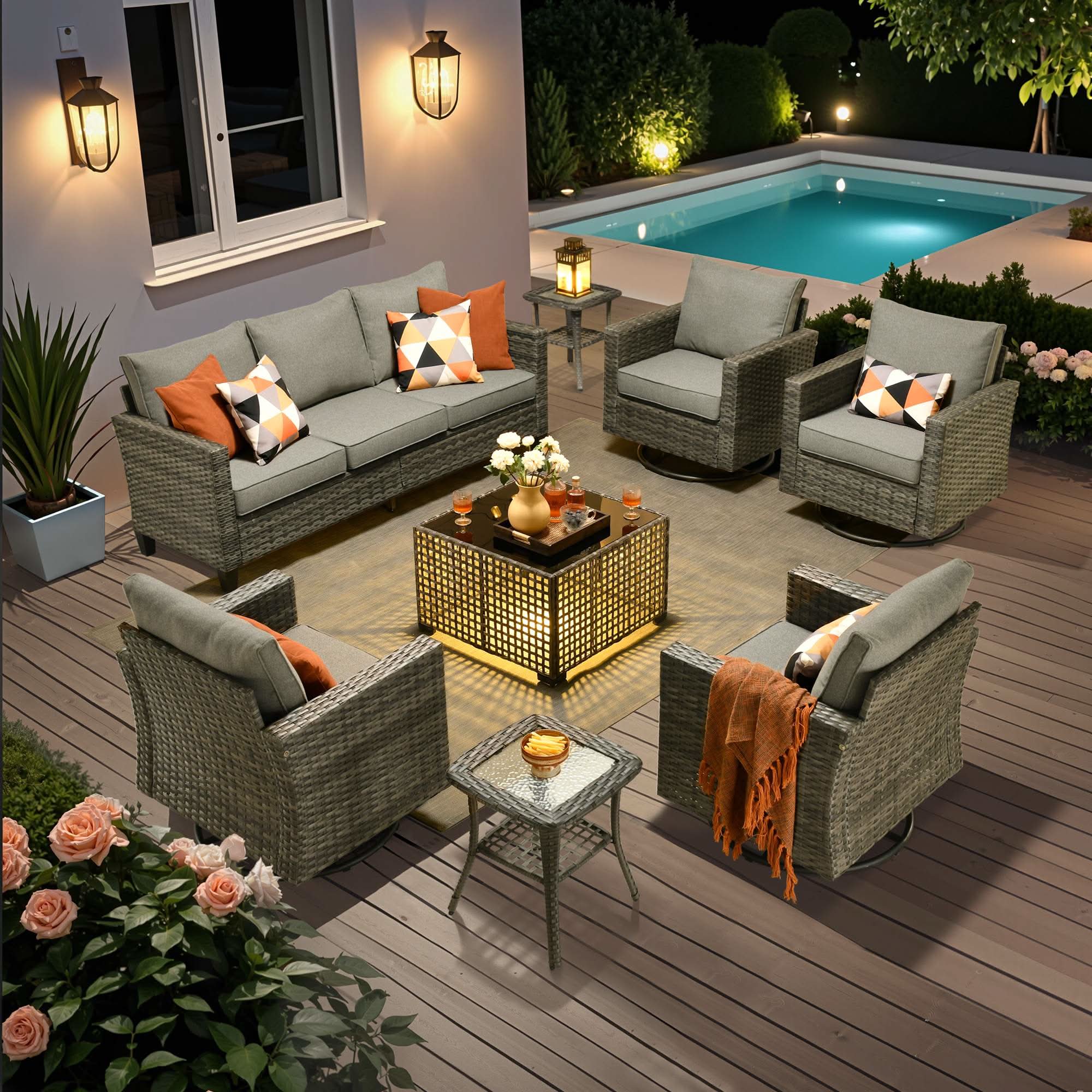 Dark Grey | OVIOS 8-piece wicker patio conversation set with swivel chairs and solar table