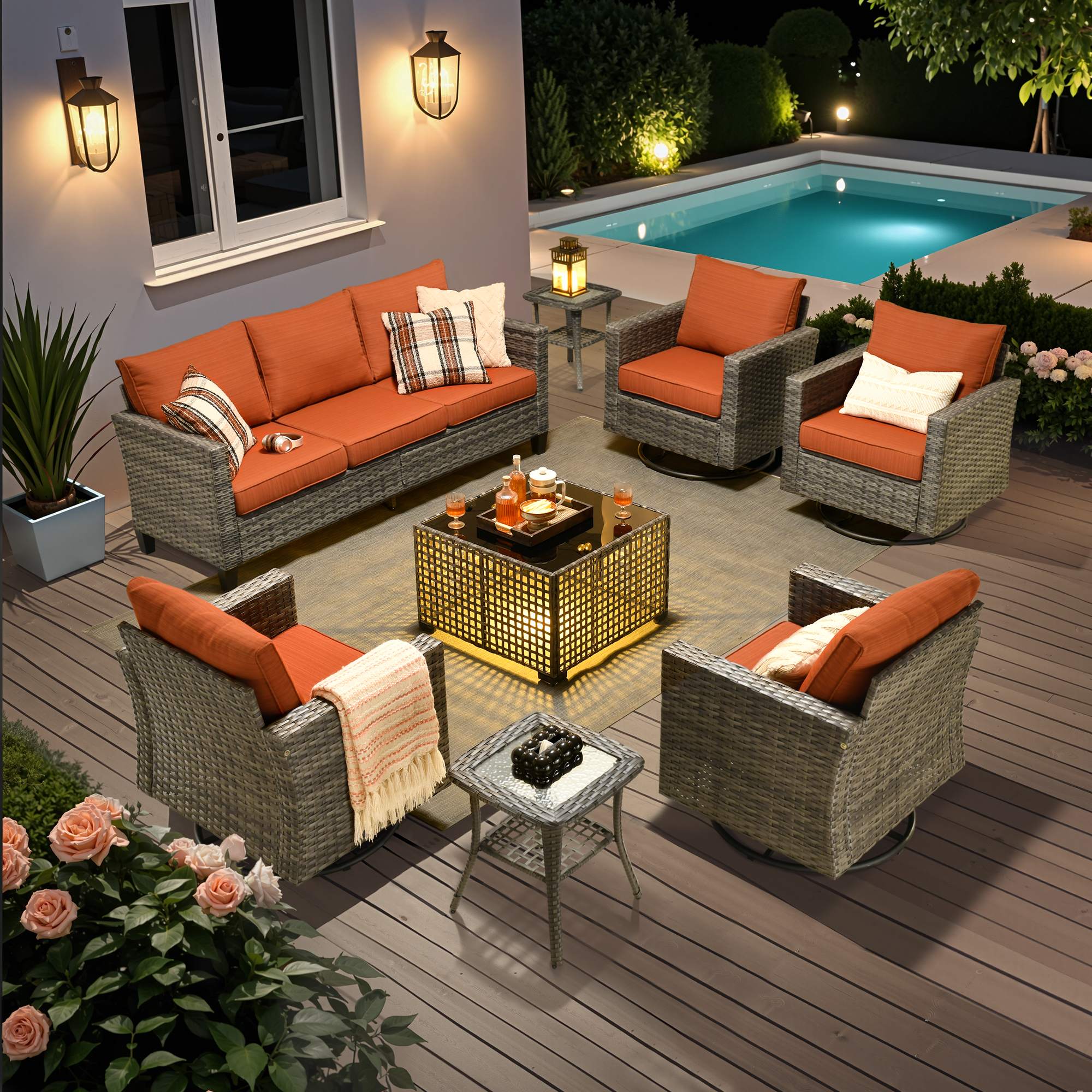 OVIOS Outdoor Patio Furniture Set with Wicker Sofa Loveseat Ottomans and Rocking Chairs